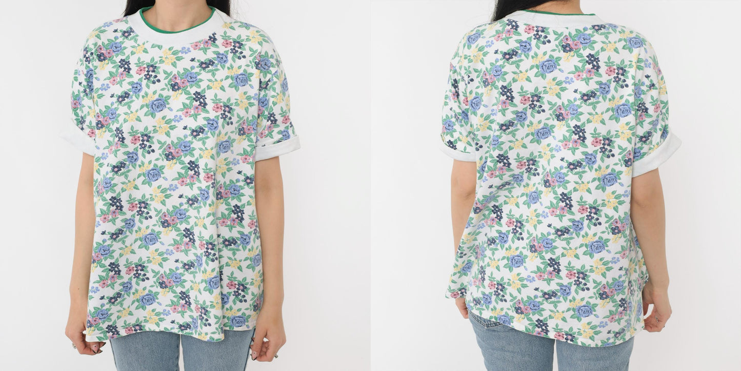 90s Floral Ringer Tee White Green Blue Rose Graphic Cuffed Sleeve Extra Large
