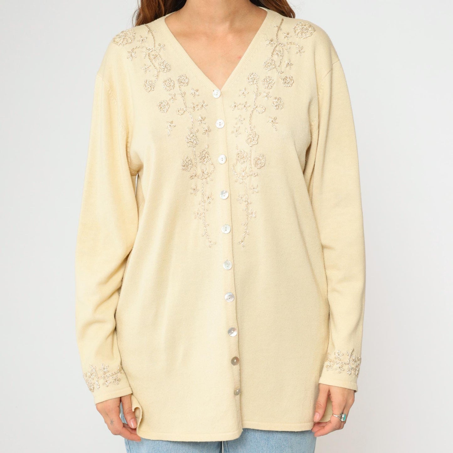 90s Cream Floral Embroidered Cardigan Sweater Longline V Neck Large L