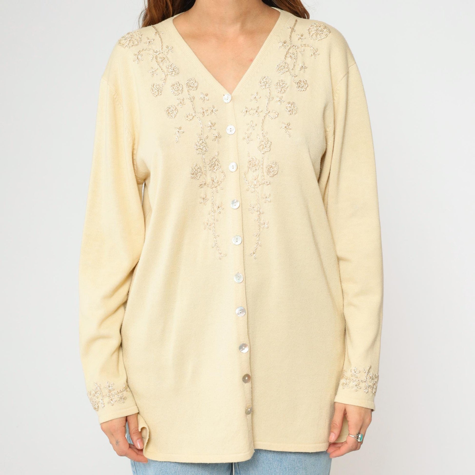 90s Cream Floral Embroidered Cardigan Sweater Longline V Neck Large L