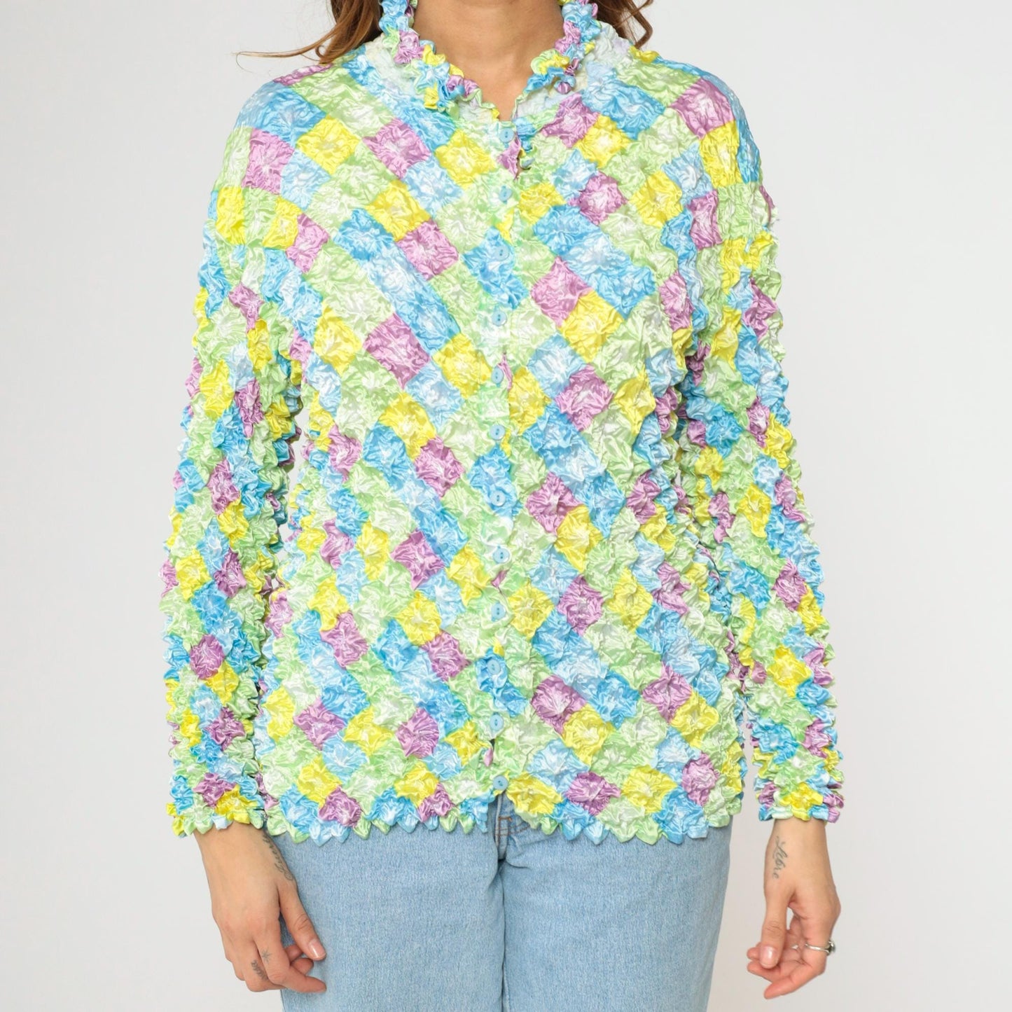 Y2K Pastel Harlequin Diamond Popcorn Shirt Crinkle Stretch Button Up Small