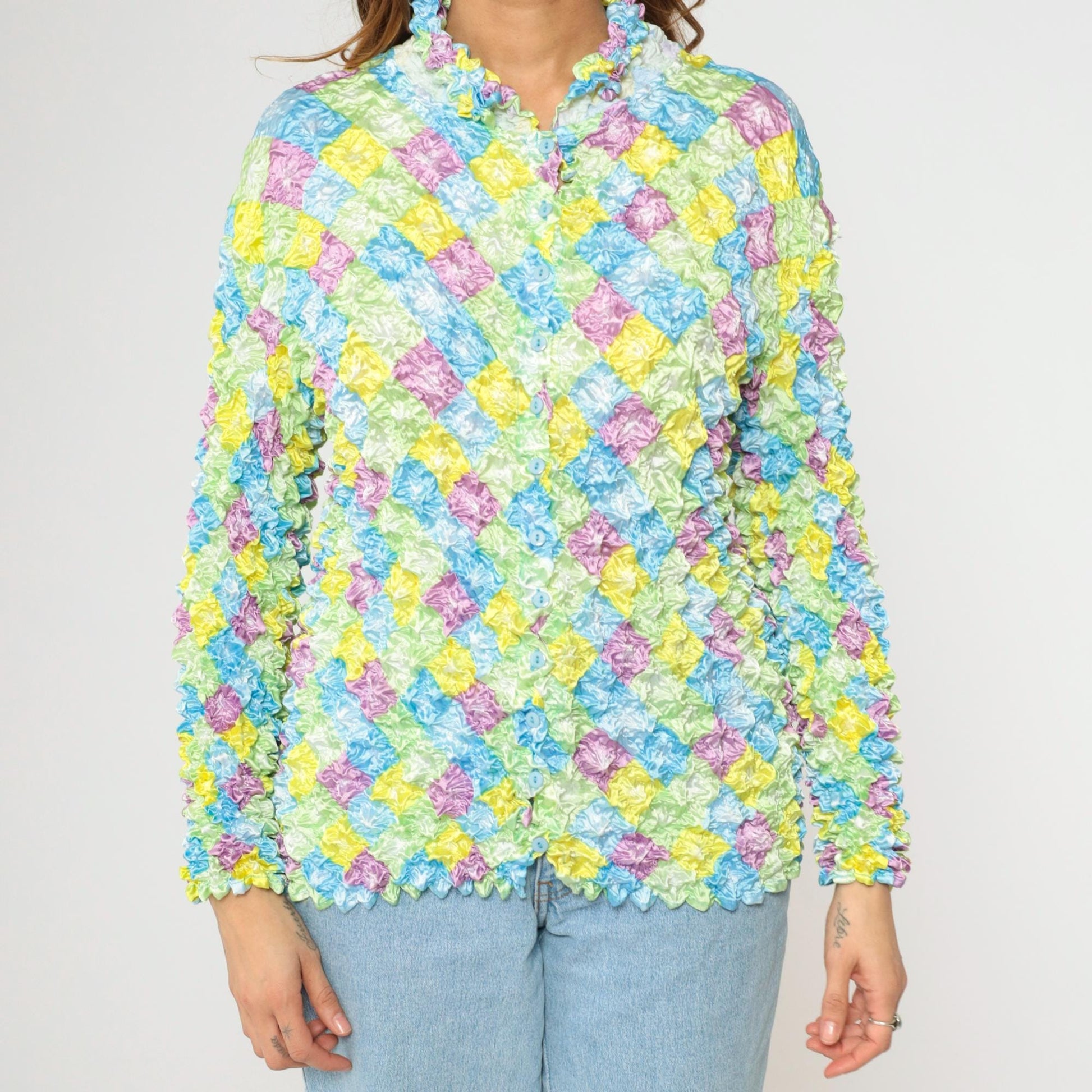 Y2K Pastel Harlequin Diamond Popcorn Shirt Crinkle Stretch Button Up Small