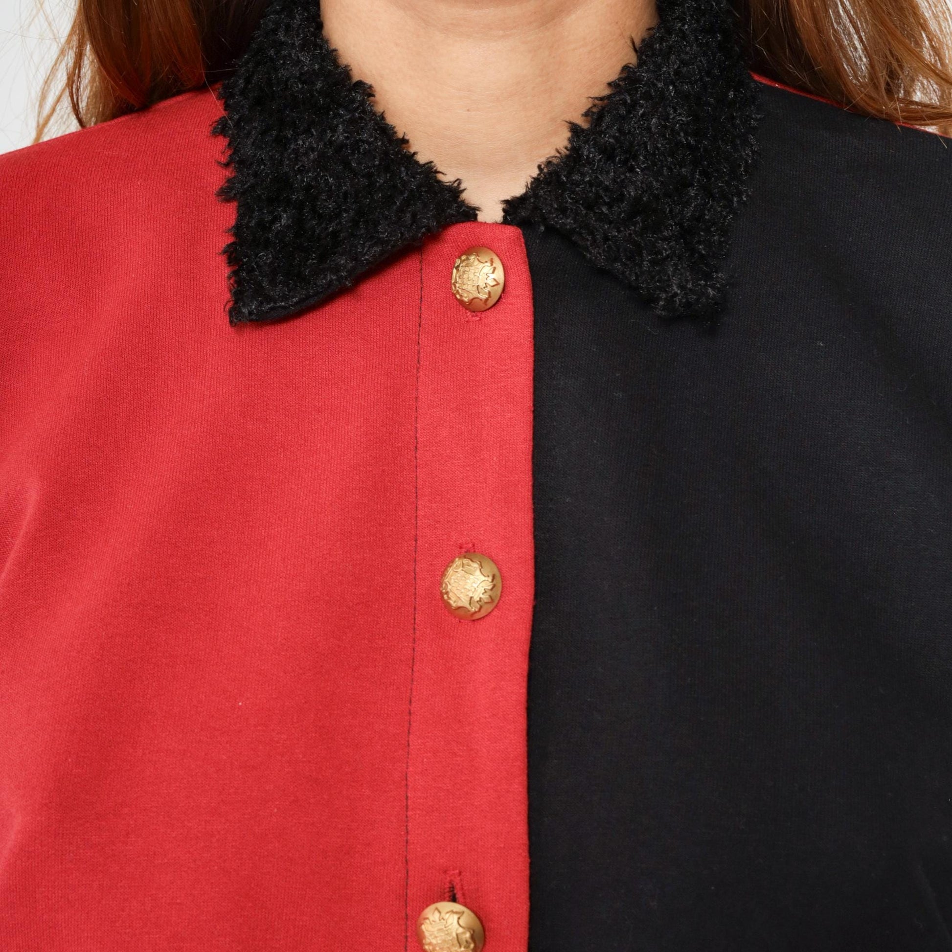 Y2K Shoe Handbag Print Jacket Black Red Color Block Fuzzy Collar Medium M