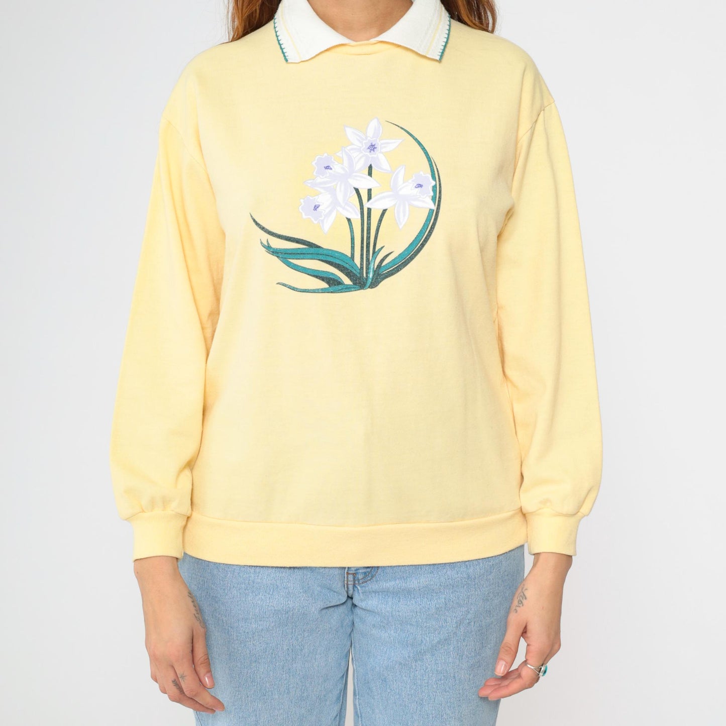 90s Yellow Floral Collared Sweatshirt Graphic Crewneck Medium M
