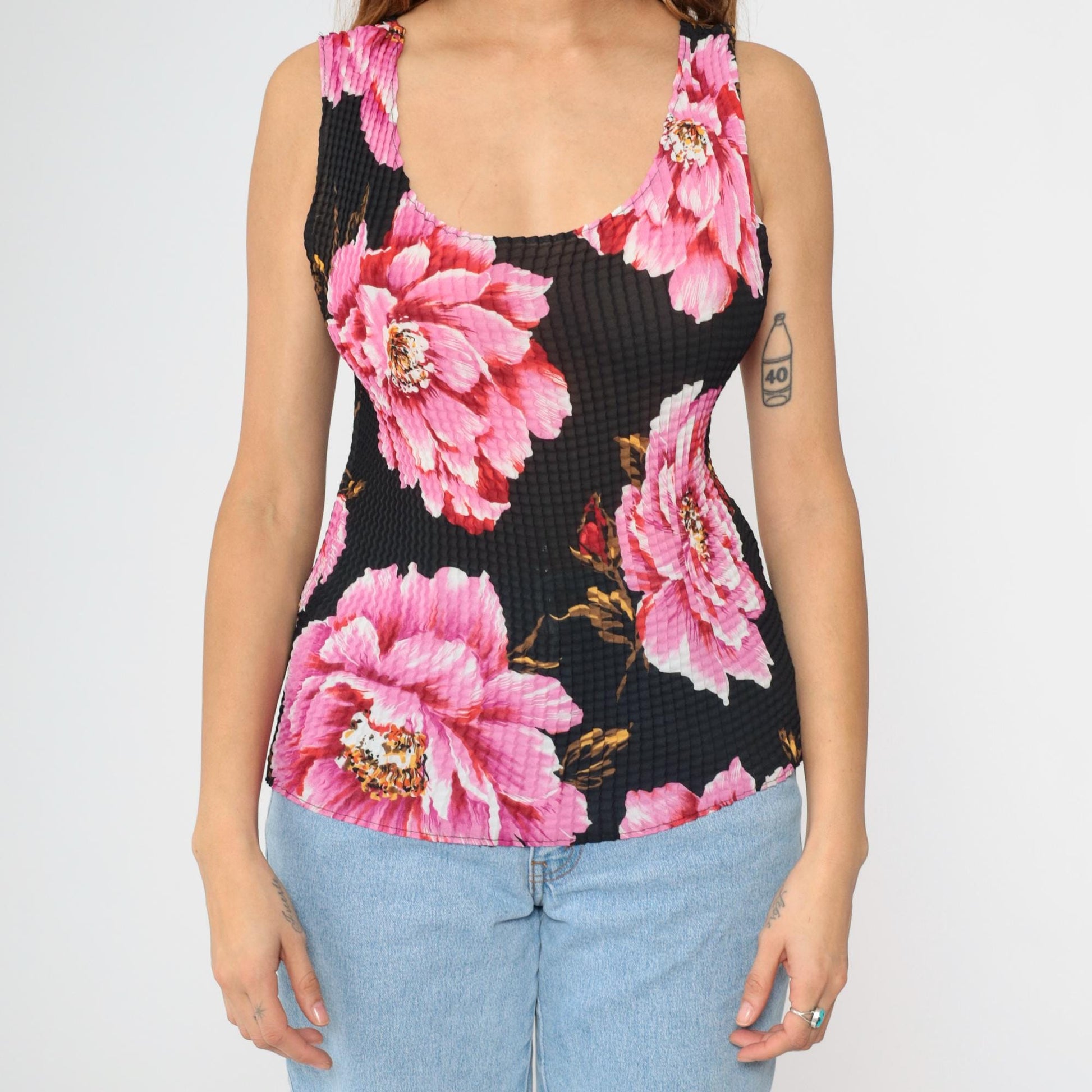 Y2K Floral Popcorn Tank Top Black Pink Scoop Neck Sleeveless Medium