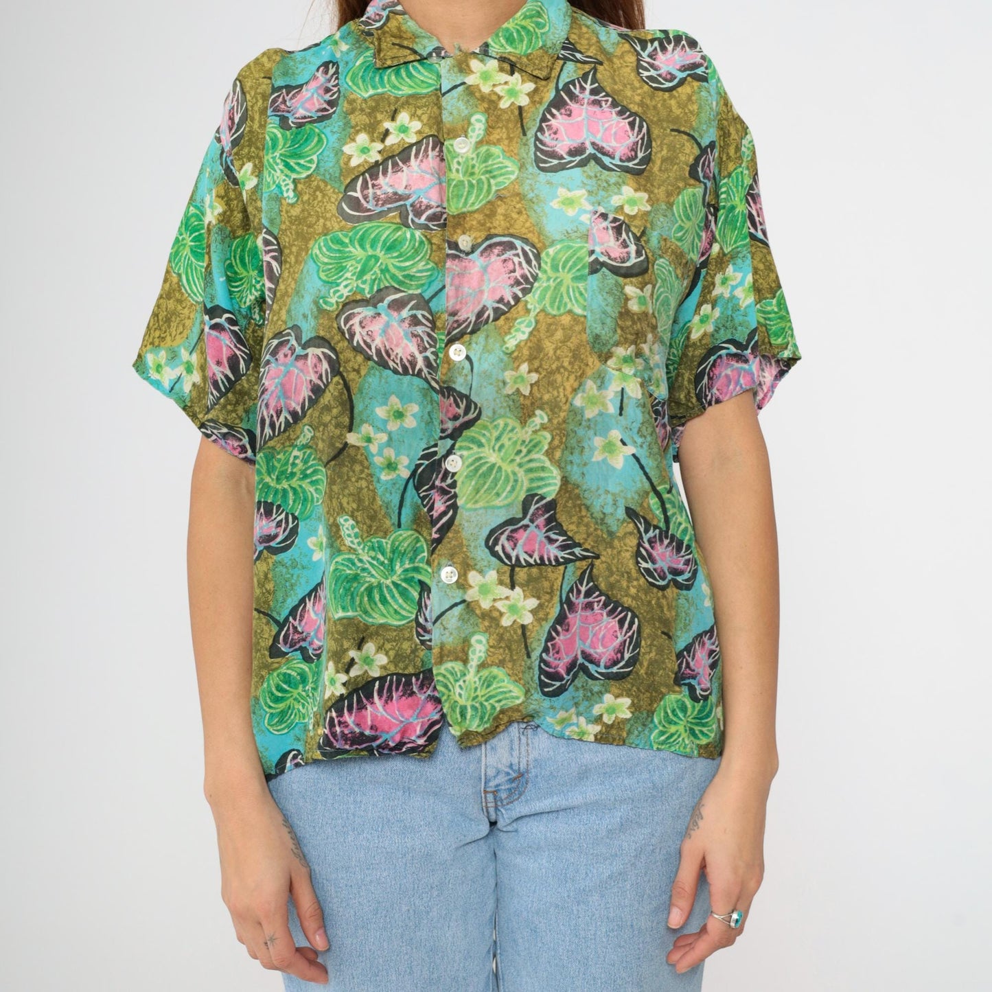 90s Tropical Floral Green Button Up Shirt Men's Medium Short Sleeve