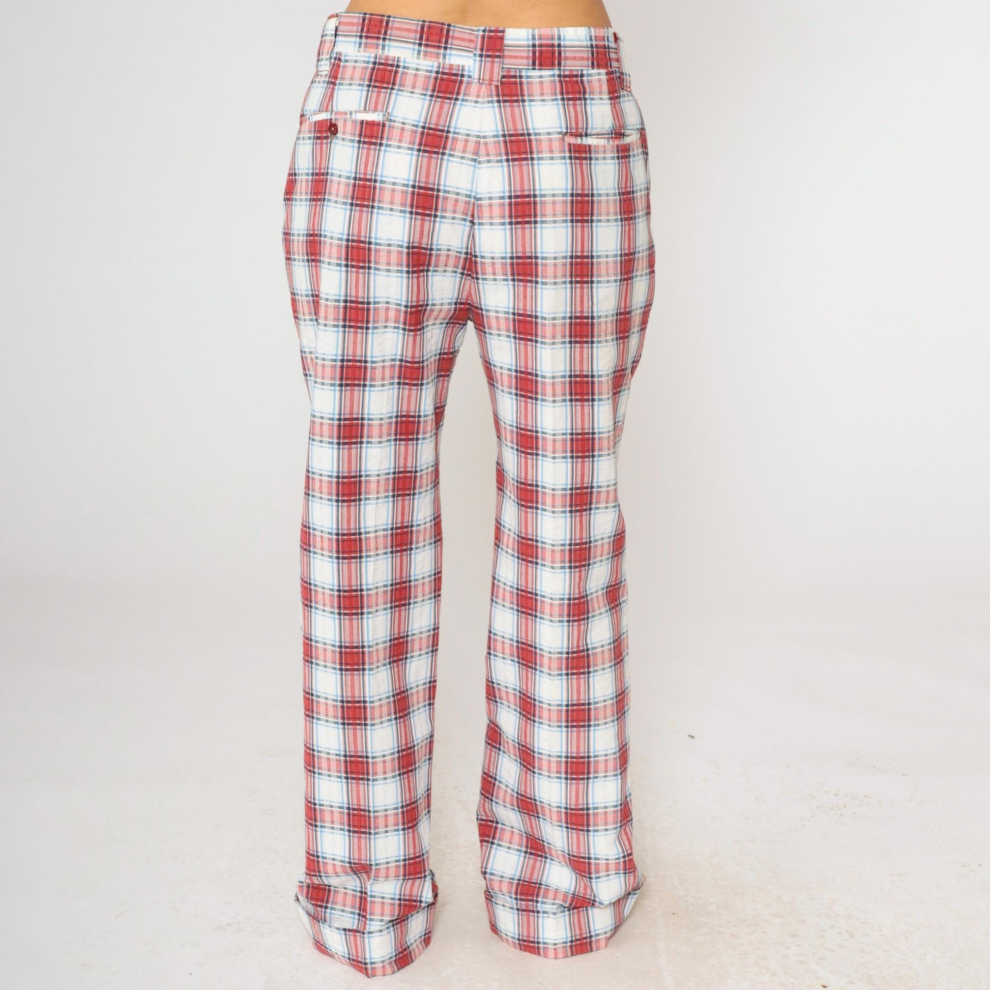 70s Haggar Plaid Trousers Red White Blue High Waisted Straight Leg Men's 34