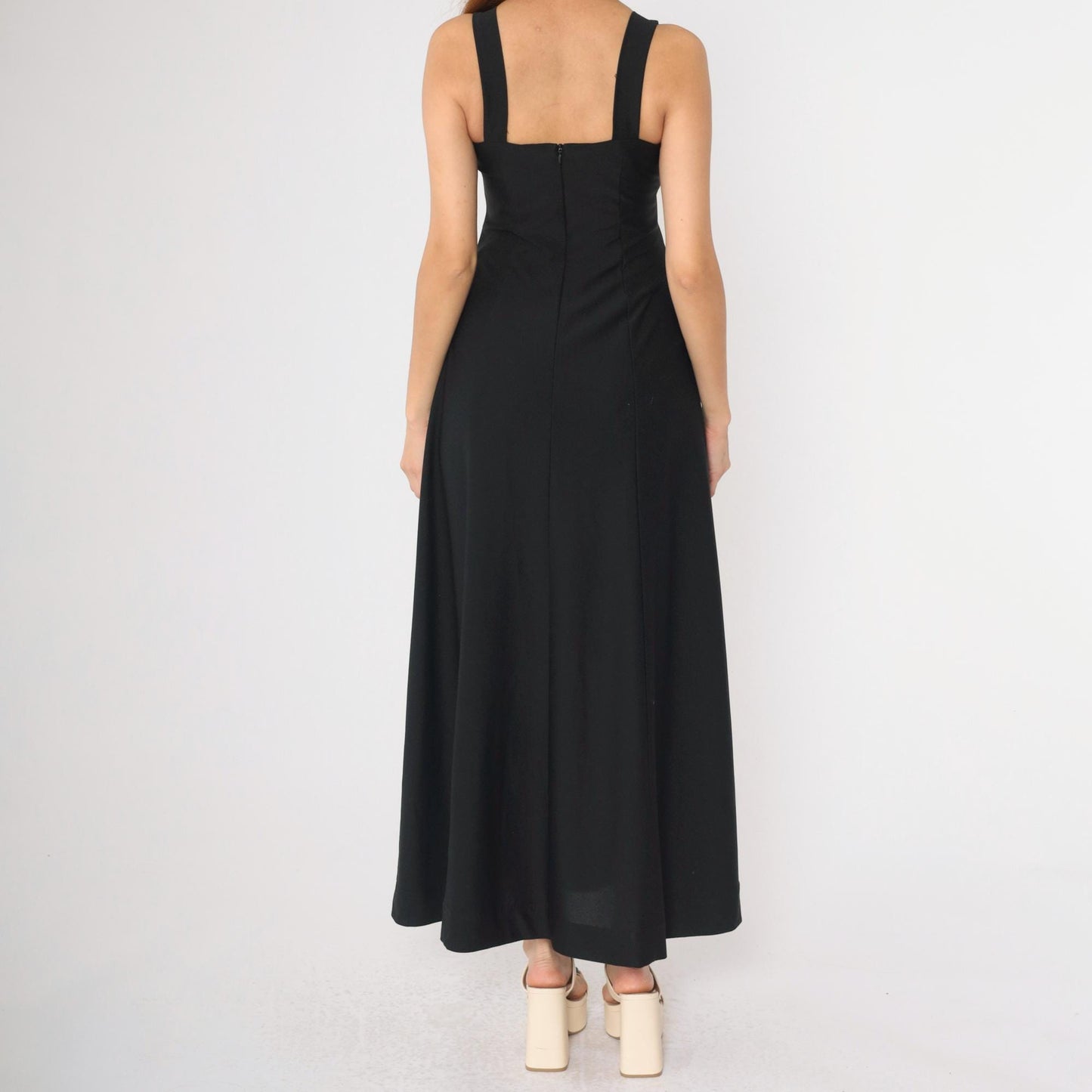 Y2K Black Maxi Dress White Chest Panel Square Neck Sleeveless Small 4