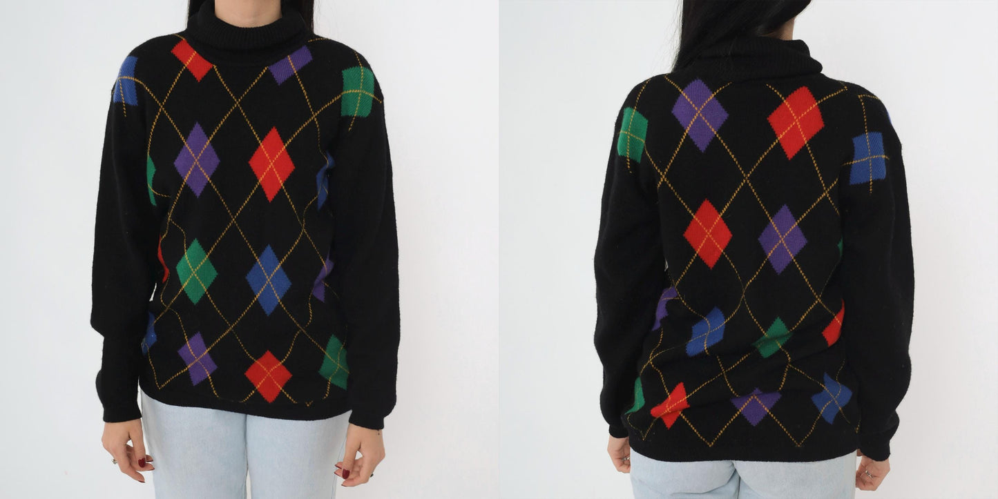 80s Wheeler & Martha Wool Argyle Sweater Black Mock Neck Medium