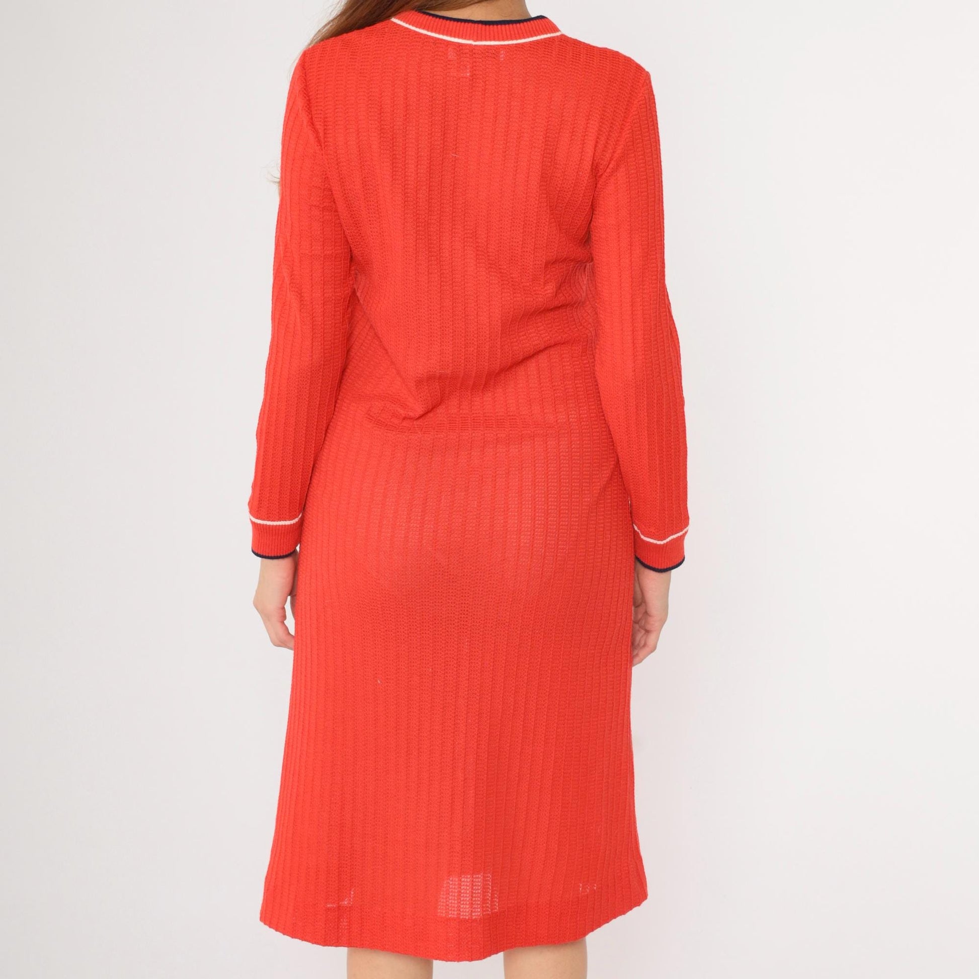 70s Red Knit Sweater Dress Striped Trim Button Front Midi Medium