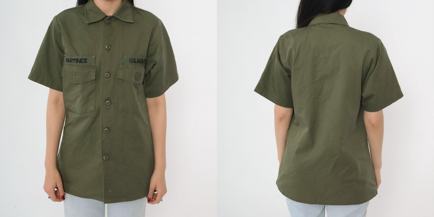 70s U.S. Navy Olive Green Cotton Twill Military Utility Shirt Small