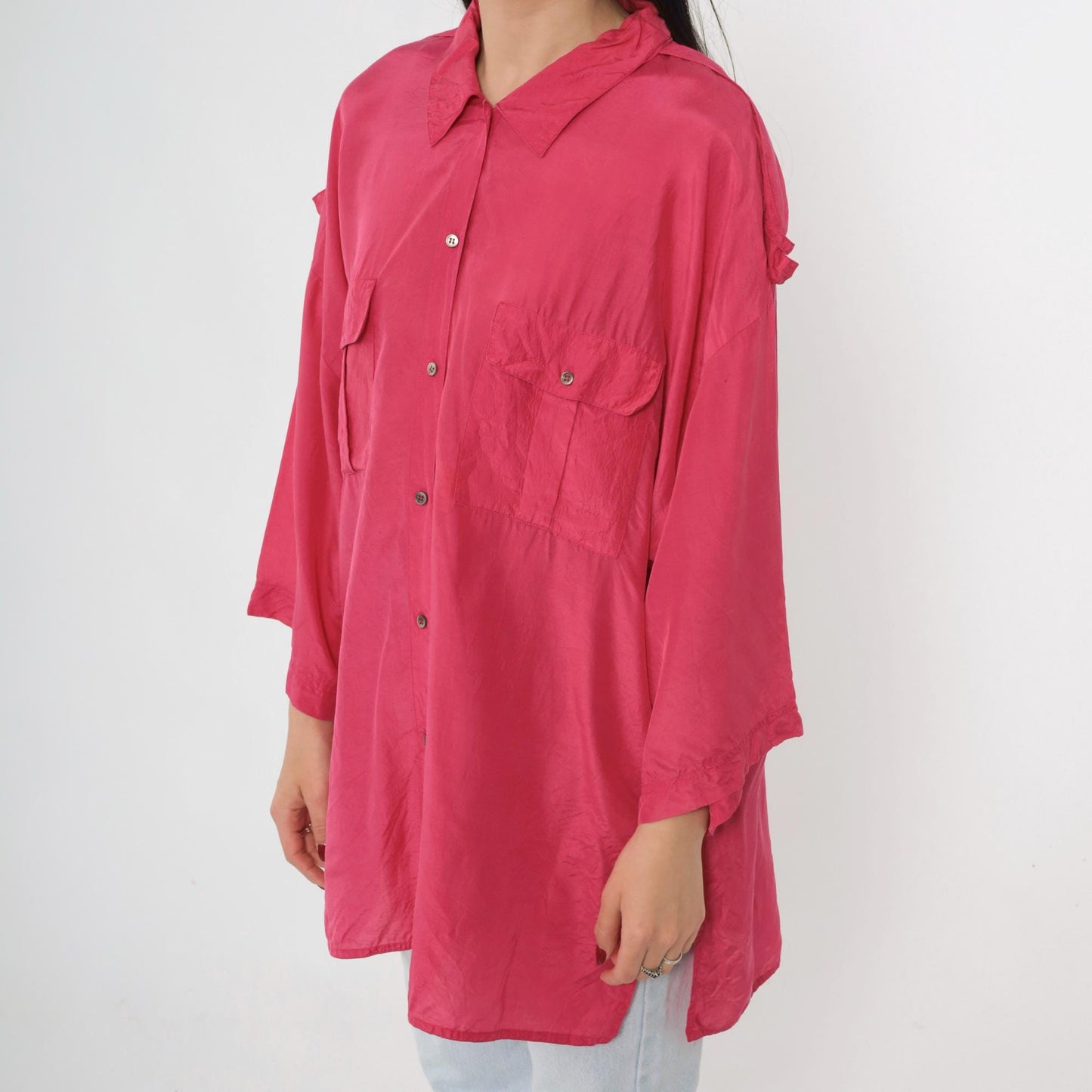 90s Pink Silk Button-Up Blouse Epaulet Chest Pockets Long Sleeve Large 14