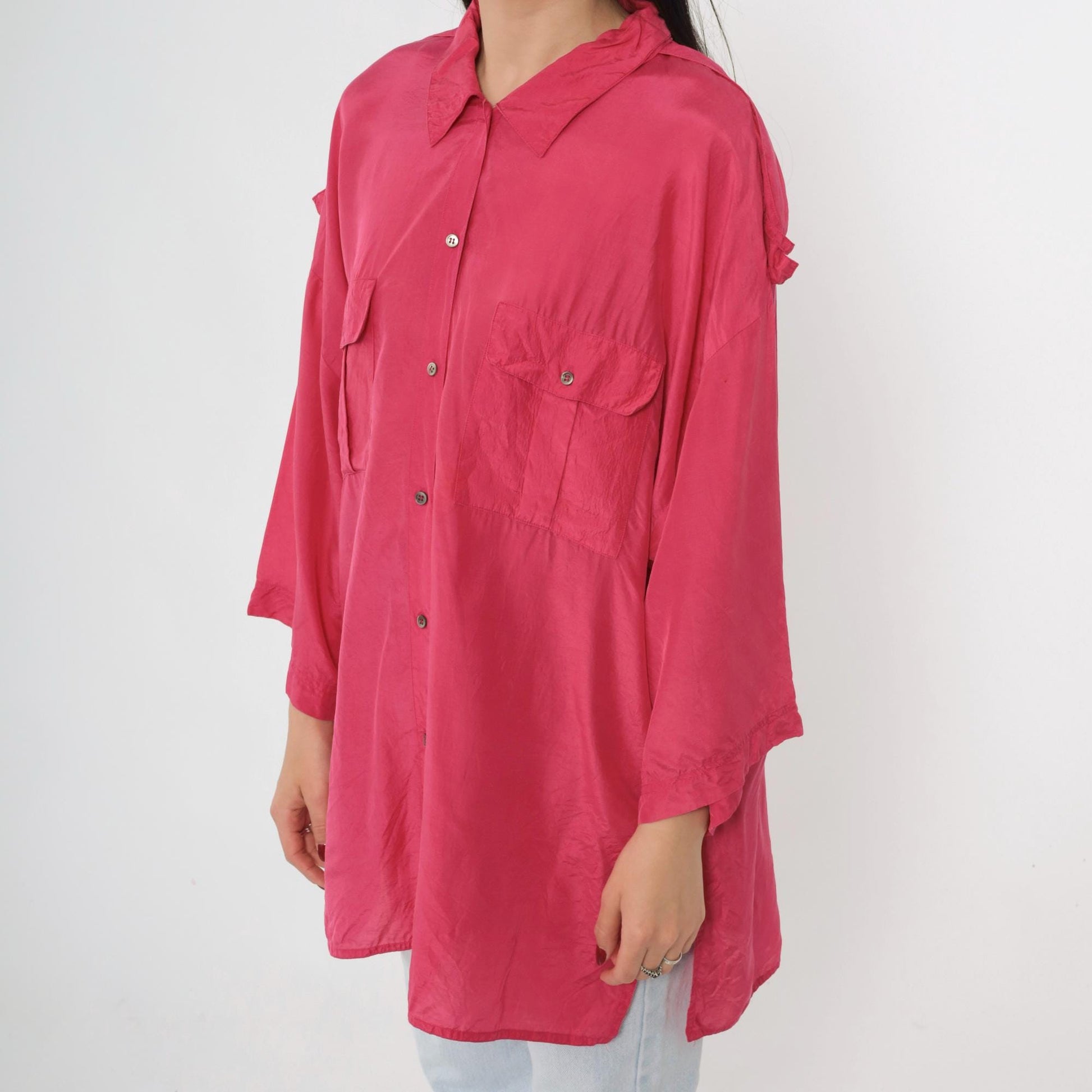 90s Pink Silk Button-Up Blouse Epaulet Chest Pockets Long Sleeve Large 14