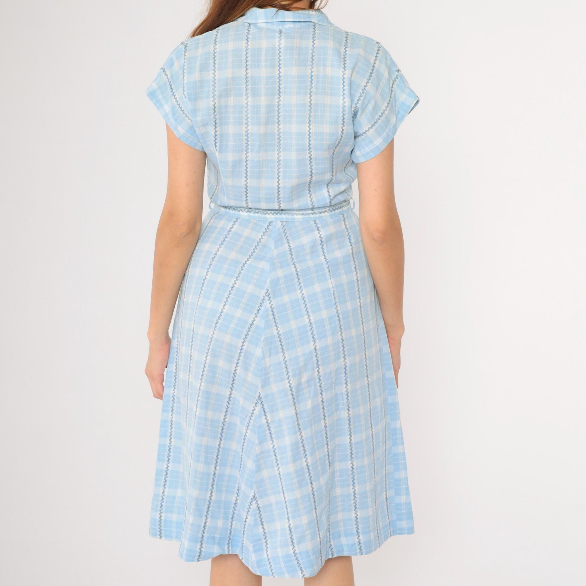 60s Brentwood Frocks Light Blue Plaid Shirtdress High Waist Button Front Small