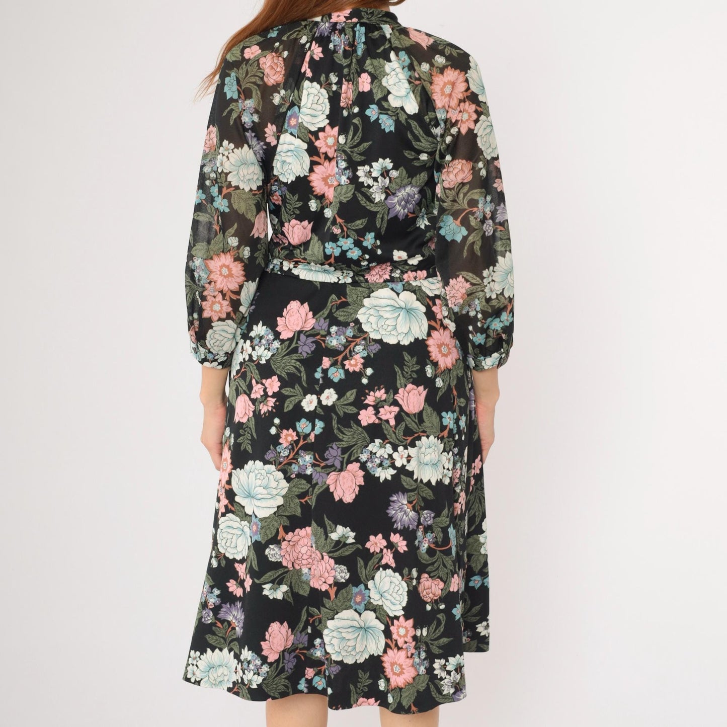 70s Black Floral Midi Dress 3/4 Sleeve Drawstring Waist Button Up Medium