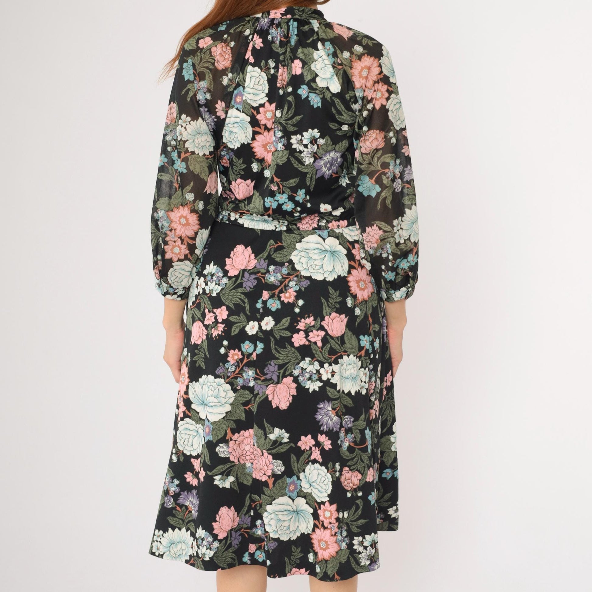 70s Black Floral Midi Dress 3/4 Sleeve Drawstring Waist Button Up Medium