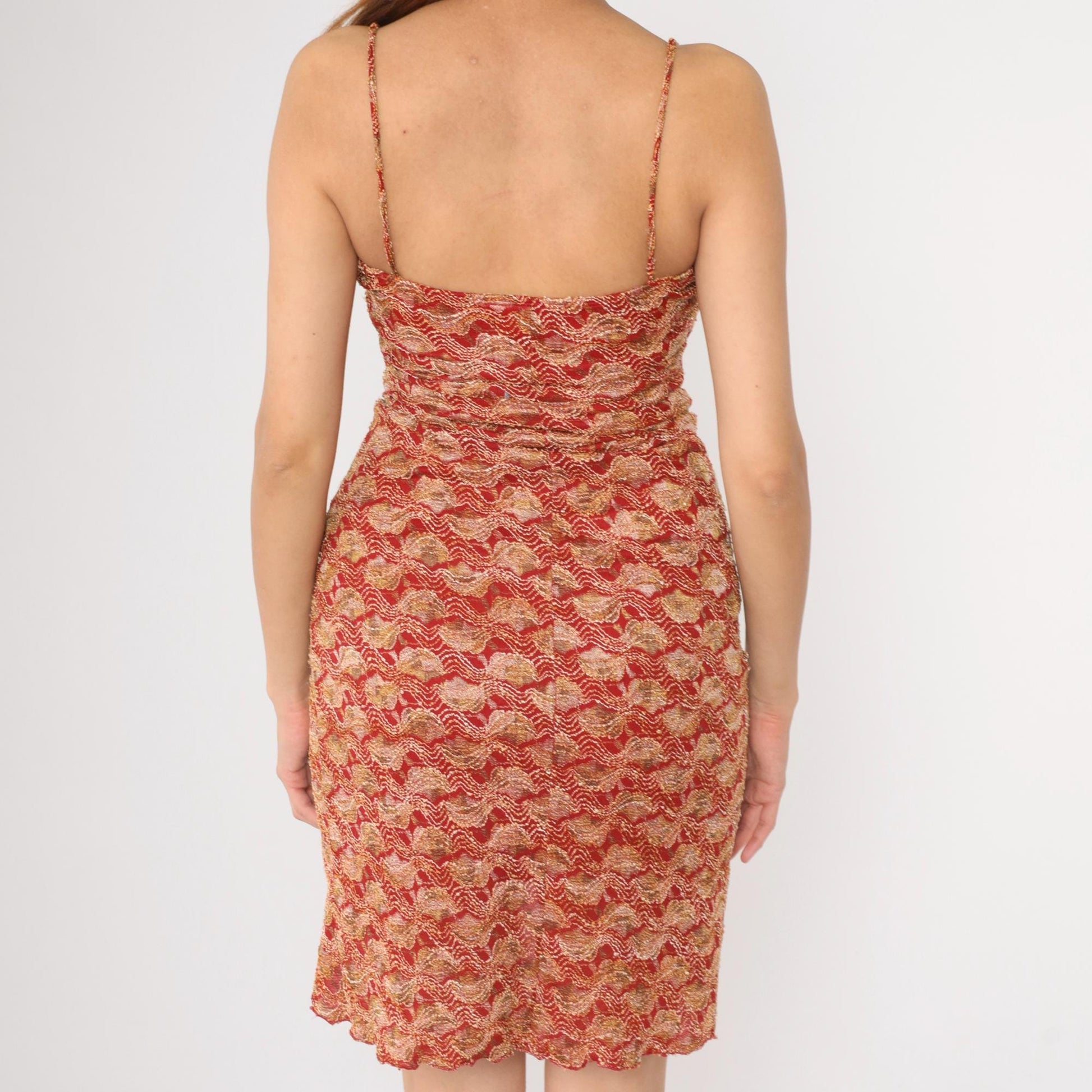 90s Red Gold Lace Strapless Mini Dress Tulip Hem Bodycon Medium M