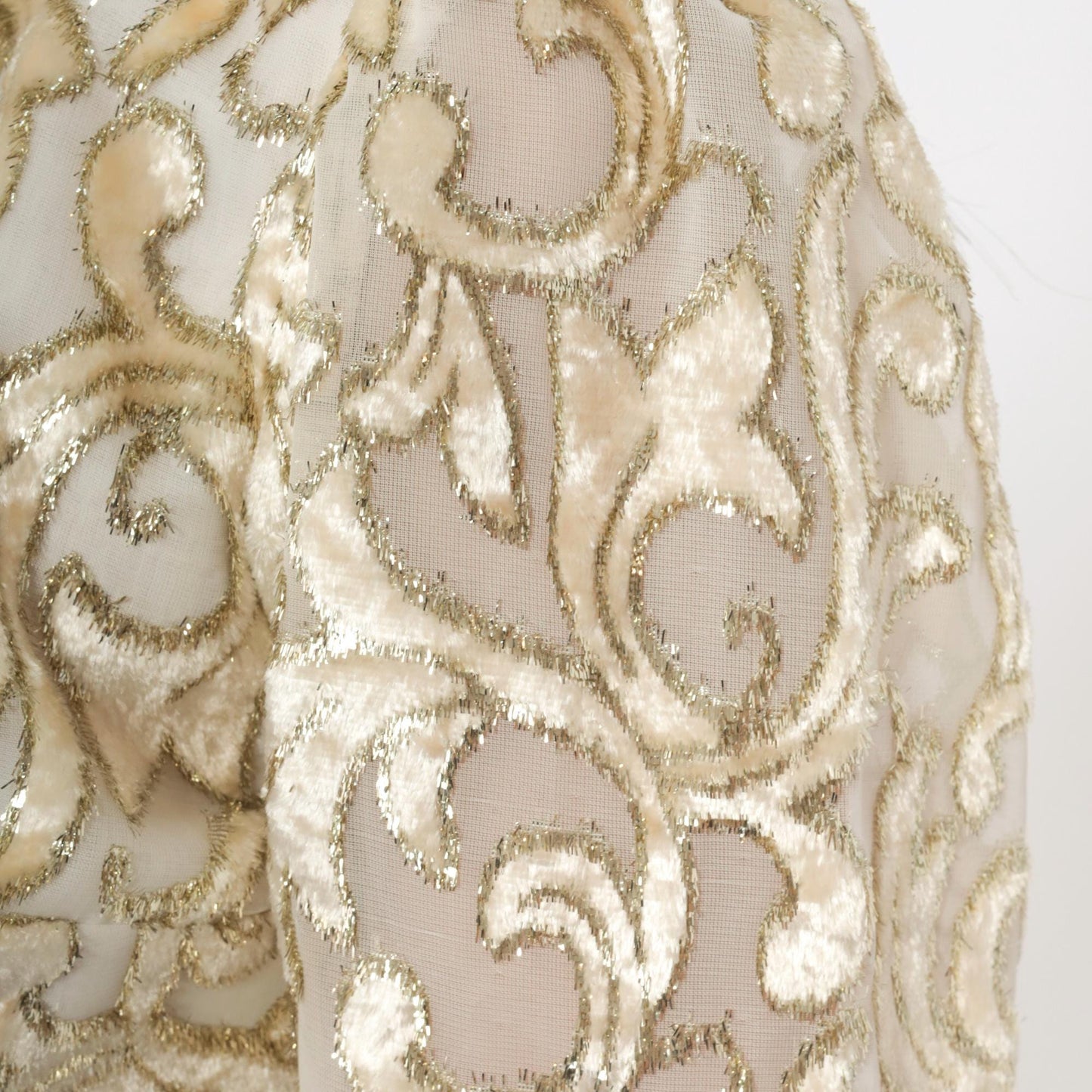 80s Metallic Velvet Burnout Bodysuit Ivory Gold Mandarin Collar Long Sleeve Extra Small