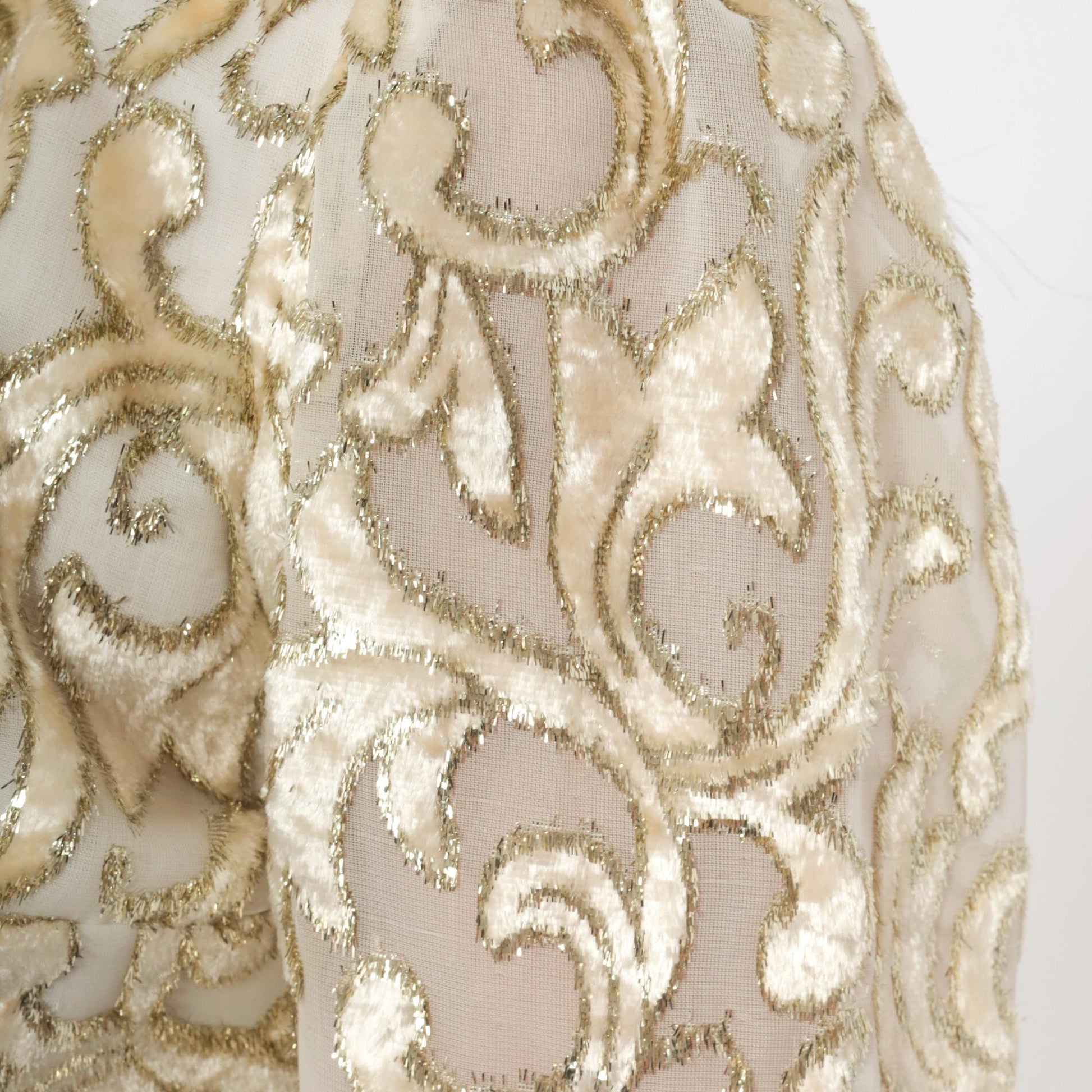 80s Metallic Velvet Burnout Bodysuit Ivory Gold Mandarin Collar Long Sleeve Extra Small