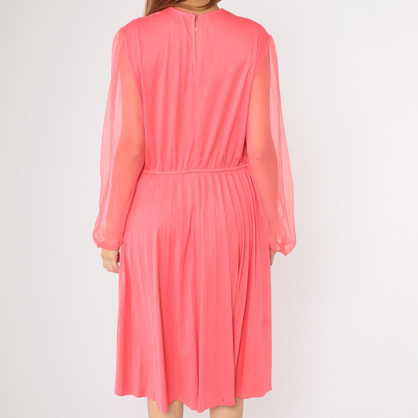80s Coral Pink Chiffon Midi Dress Puff Sleeves Ruffled Bodice Large L