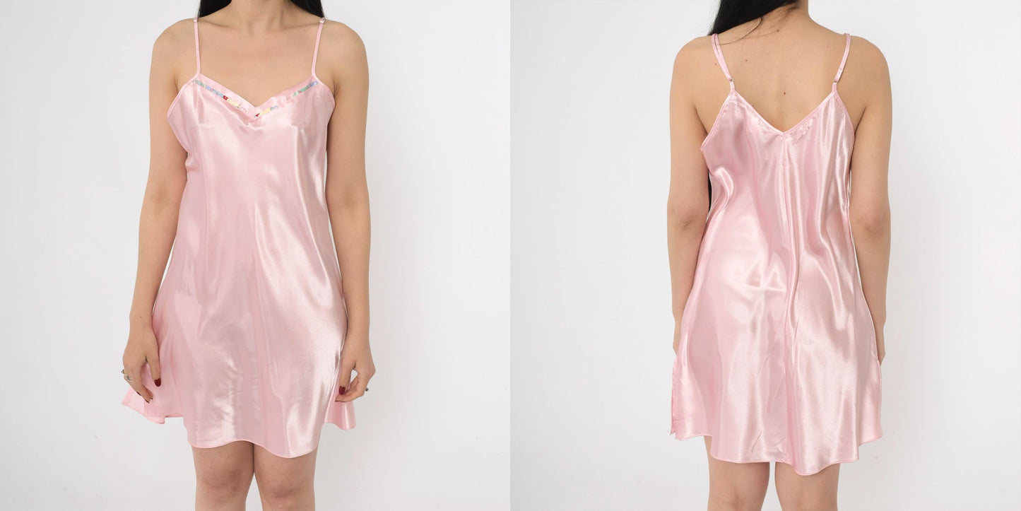 90s Pink Satin Slip Dress V Back Tank Strap Mini Nightgown Medium