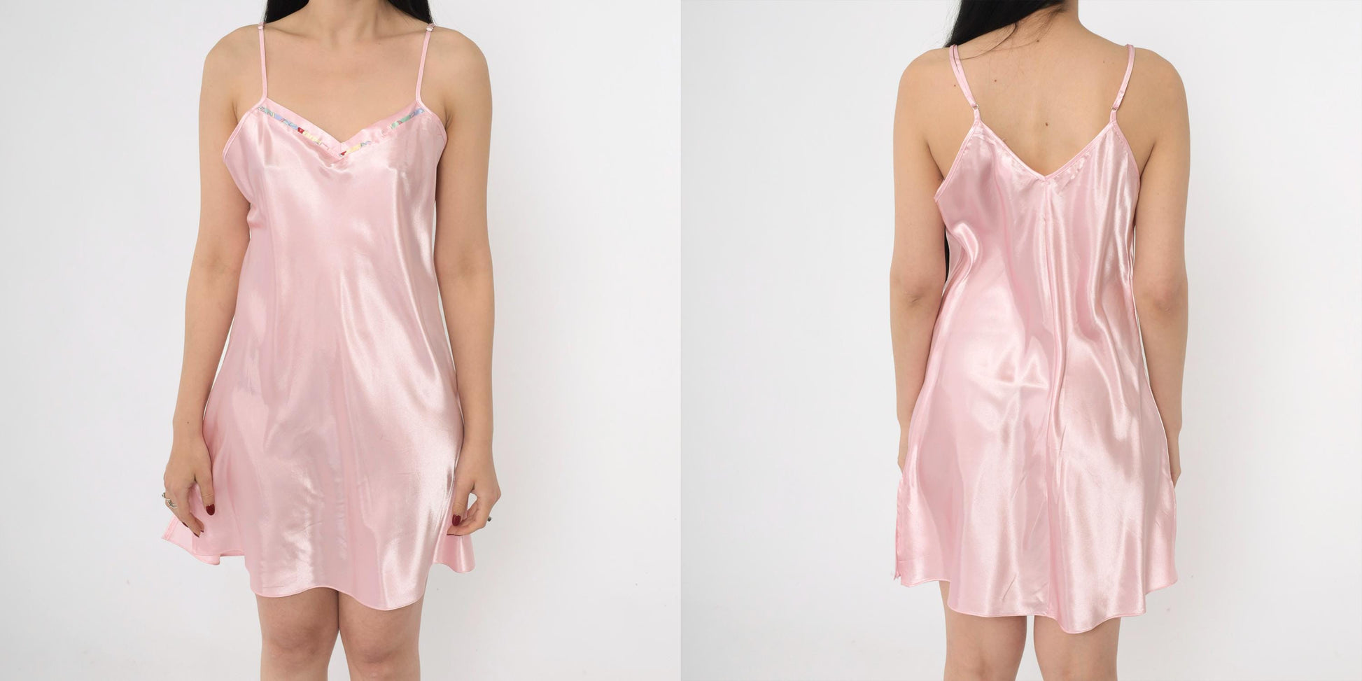 90s Pink Satin Slip Dress V Back Tank Strap Mini Nightgown Medium