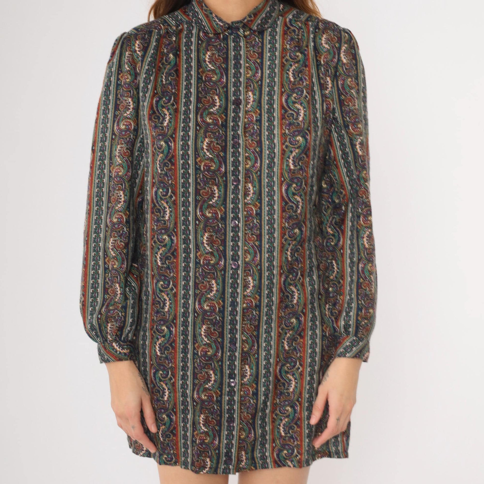 80s Paisley Striped Mini Dress Puff Sleeve Button-Up Shirtdress Medium Large