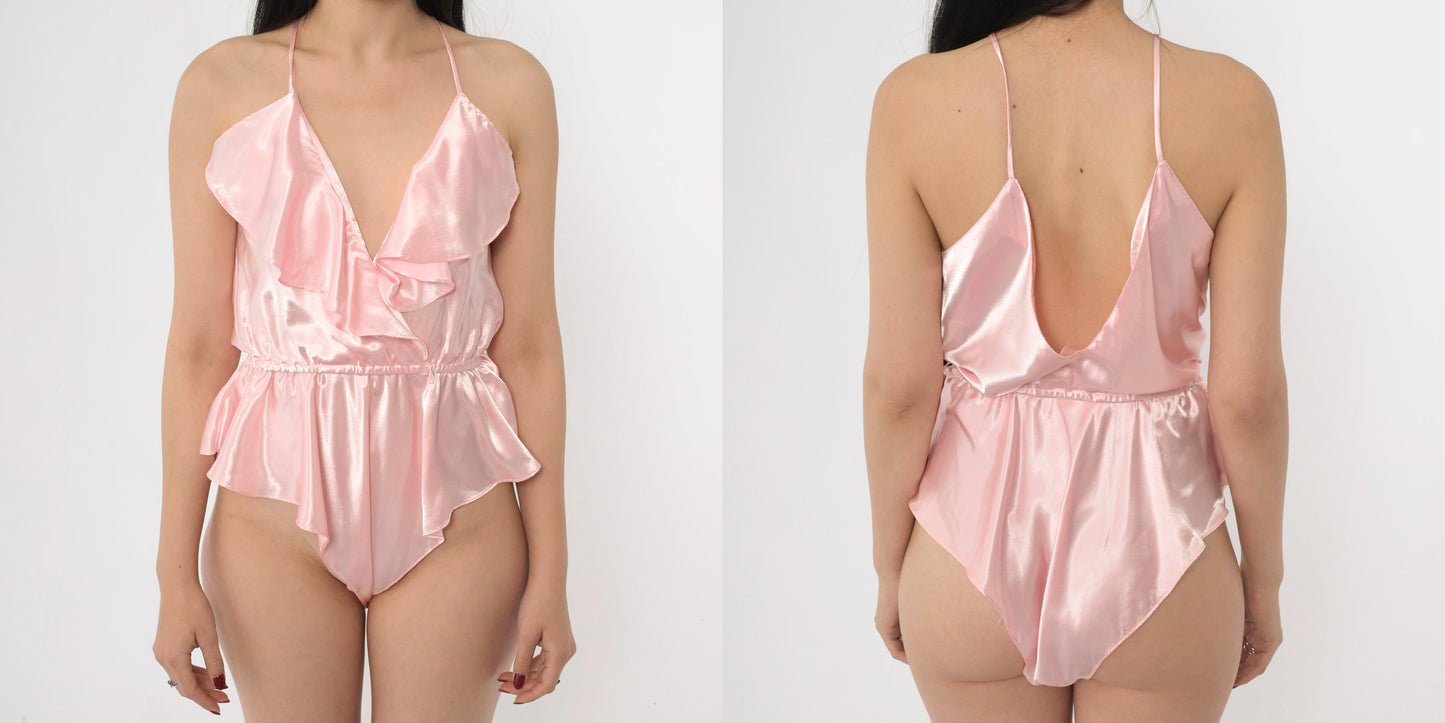 90s Victoria's Secret Pink Satin Teddy Bodysuit Ruffled V-Neck Medium M