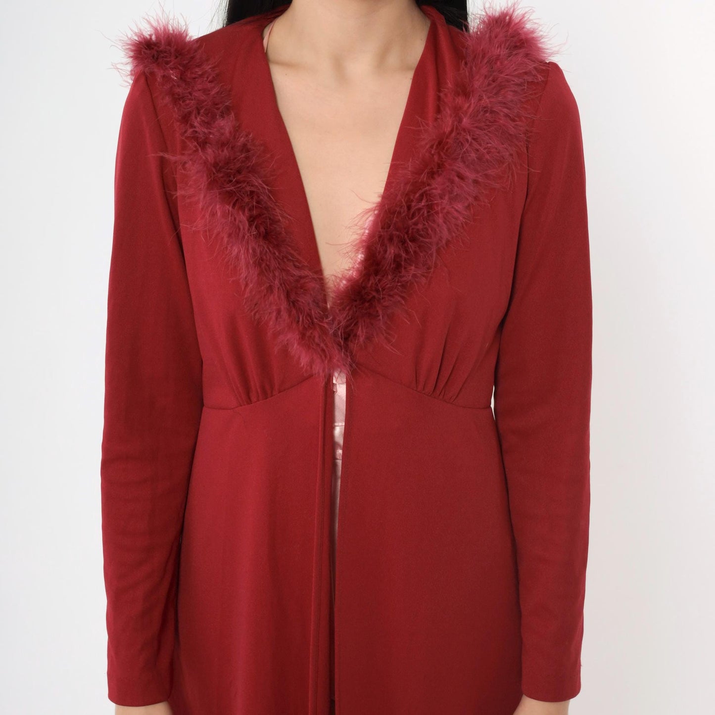 70s Burgundy Maxi Jacket Feather Trim Hood Deep V Neck Small Medium