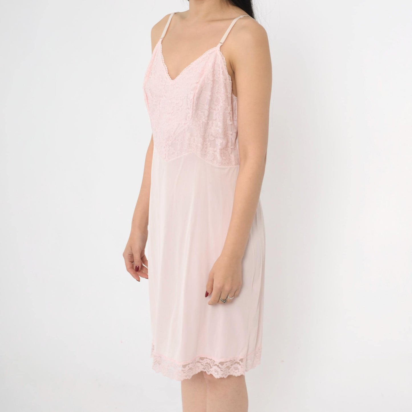 70s Pink Lace Slip Dress V-Neck Spaghetti Straps Mini Nightgown Medium