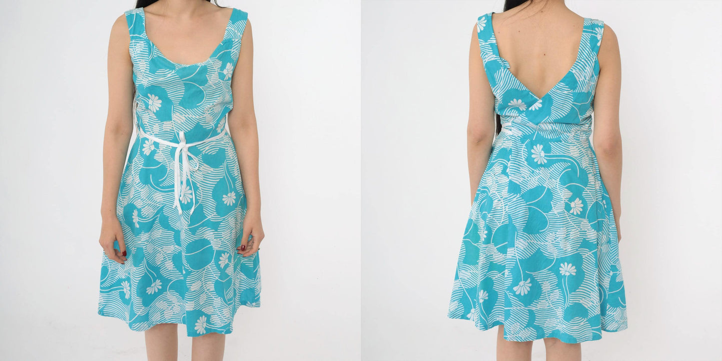 70s Andrade Hawaiian Floral Wrap Sundress Blue White A-Line Small