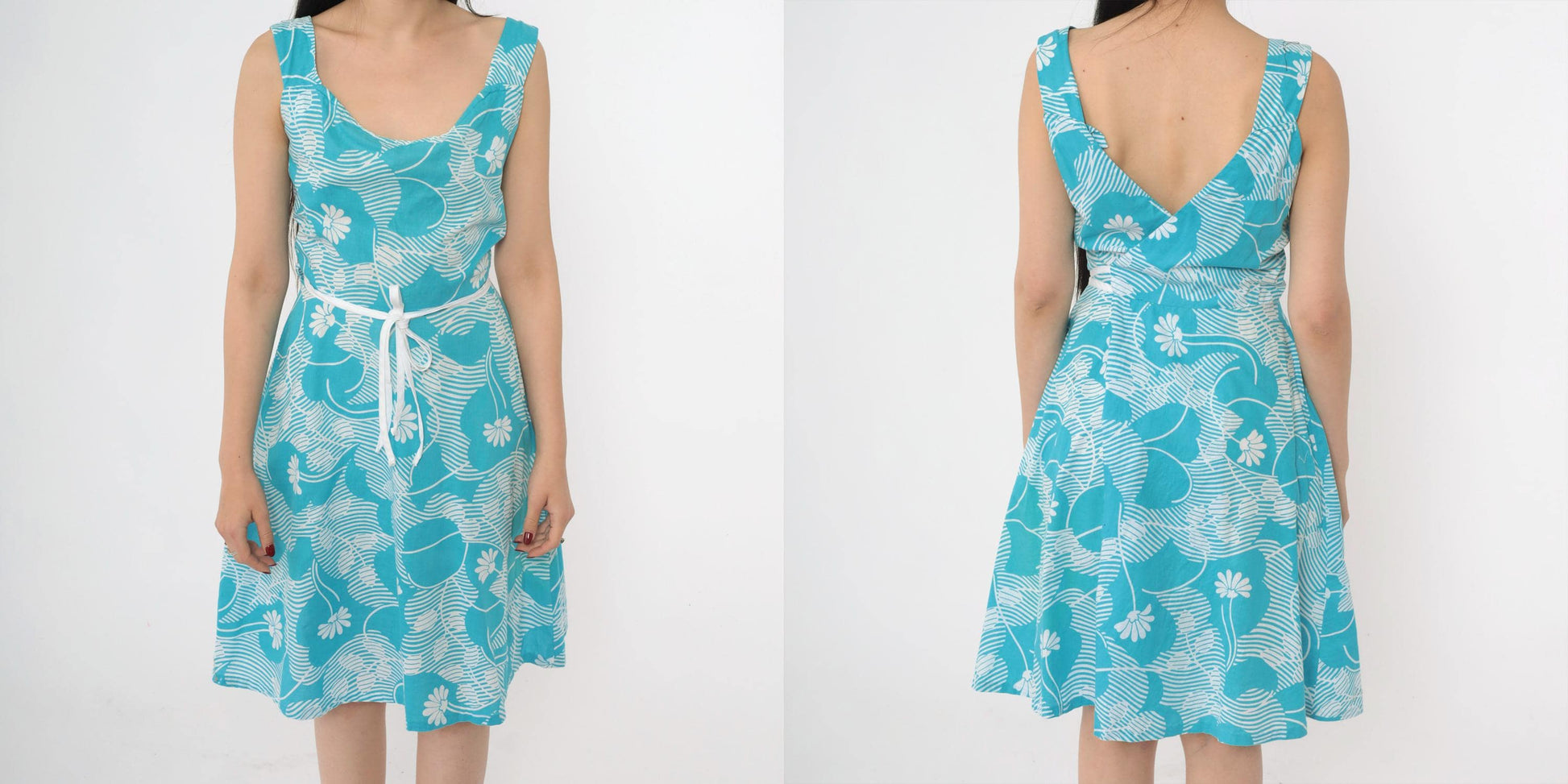 70s Andrade Hawaiian Floral Wrap Sundress Blue White A-Line Small