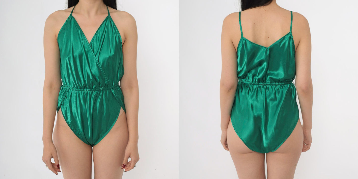 90s Victoria's Secret Green Satin Teddy Bodysuit Deep V Neck Tap Shorts Small