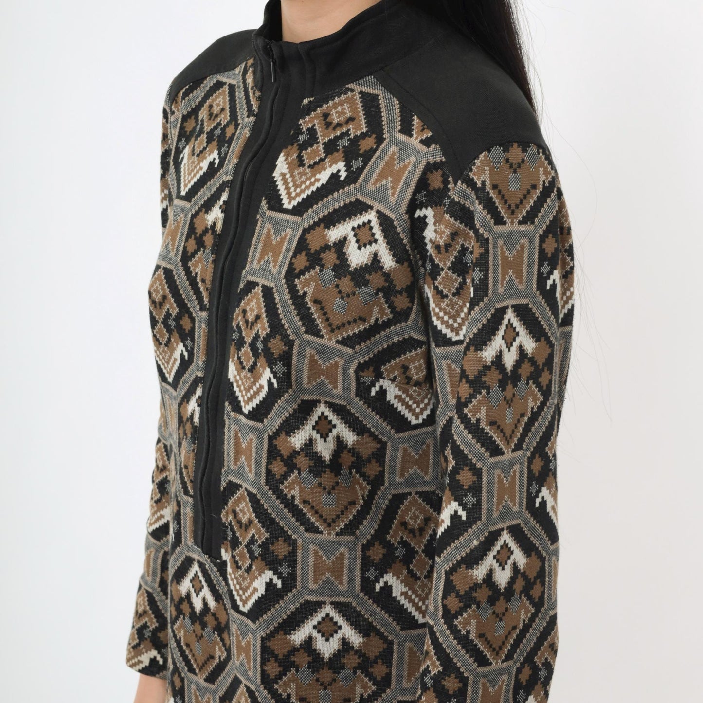 70s Mod Shift Dress Geometric Print Mock Neck Mini Black Brown Medium