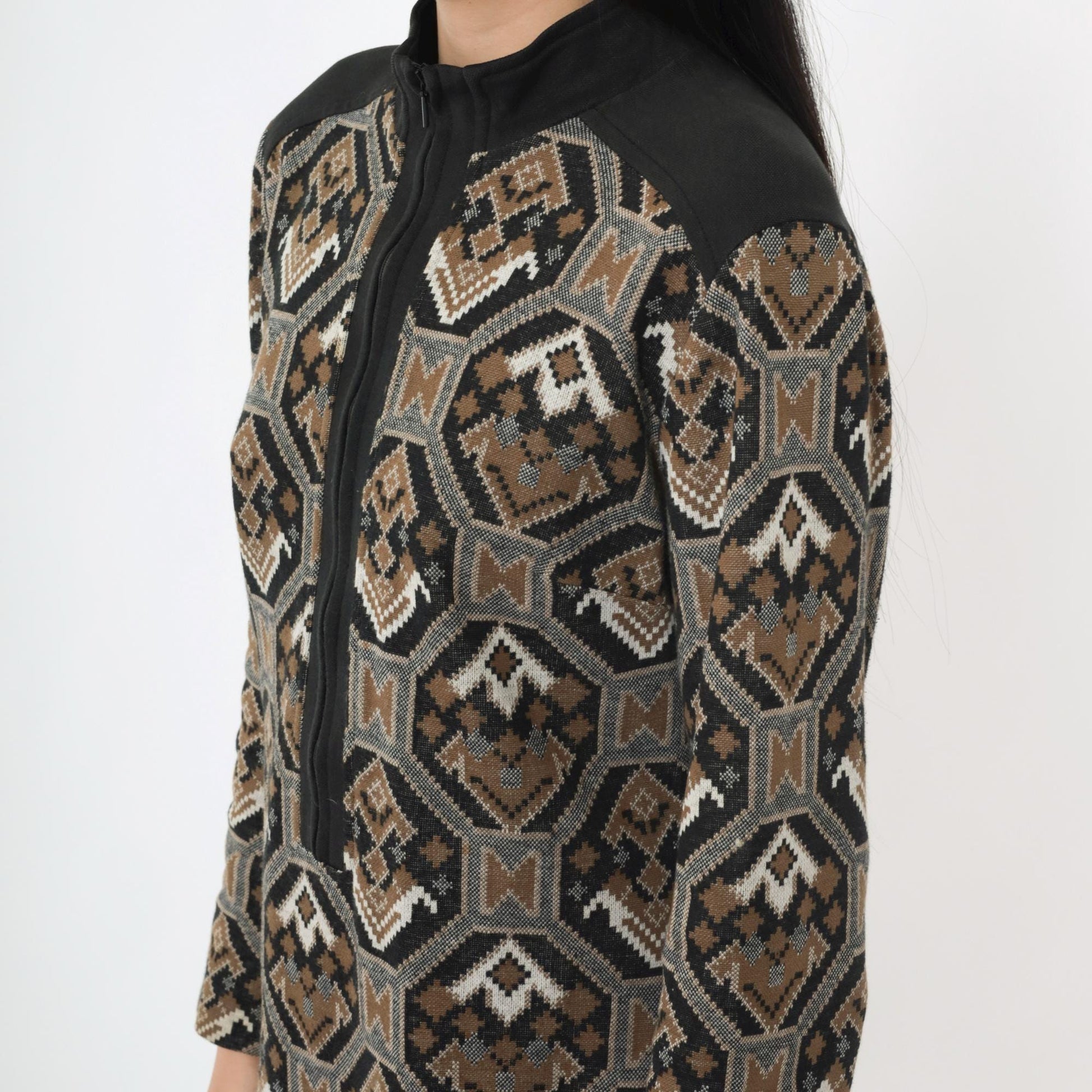 70s Mod Shift Dress Geometric Print Mock Neck Mini Black Brown Medium