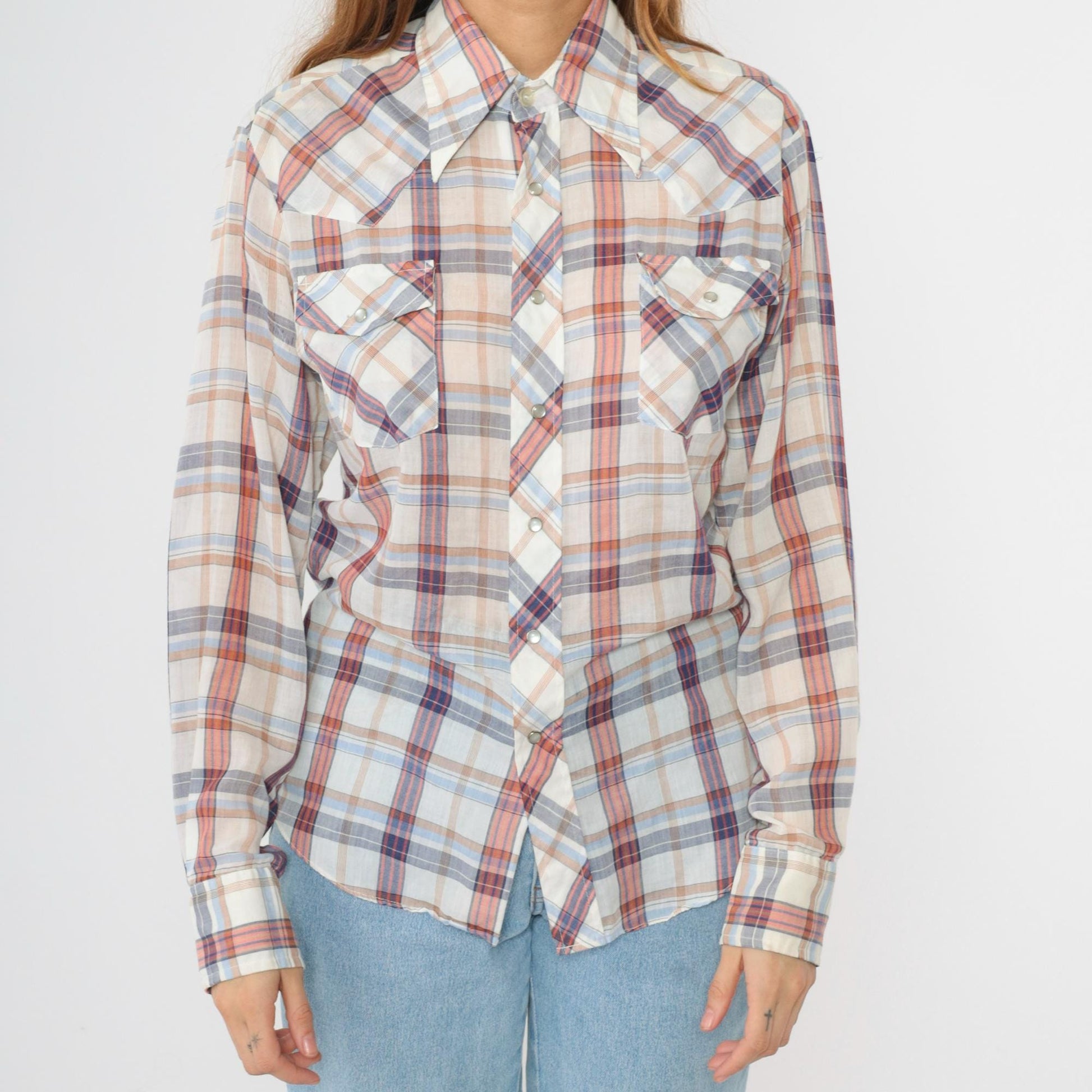 70s Western Pearl Snap Shirt Plaid White Red Blue Dagger Collar Men's Small