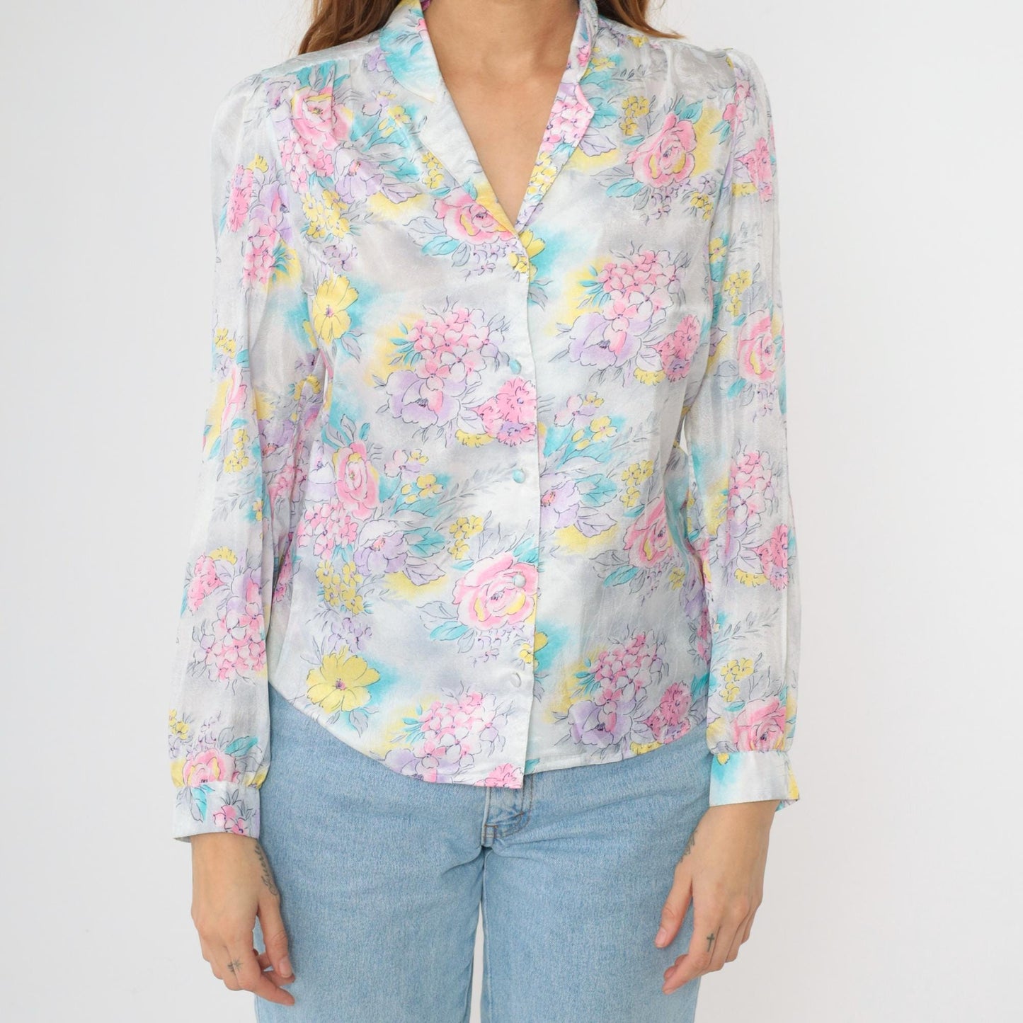 80s Pastel Floral Puff Sleeve Button Up Blouse Pink Lavender Blue Medium