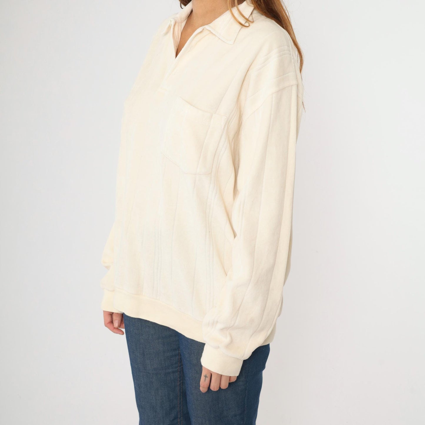 80s Cream Velour Polo Sweatshirt Collared Button-Up Long Sleeve Extra Large