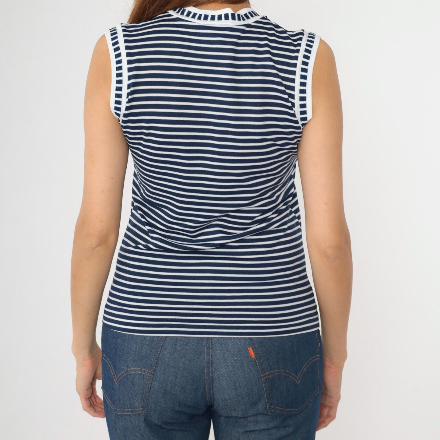80s Kmart Navy Striped Tank Top V-Neck Ringer Tee White Small