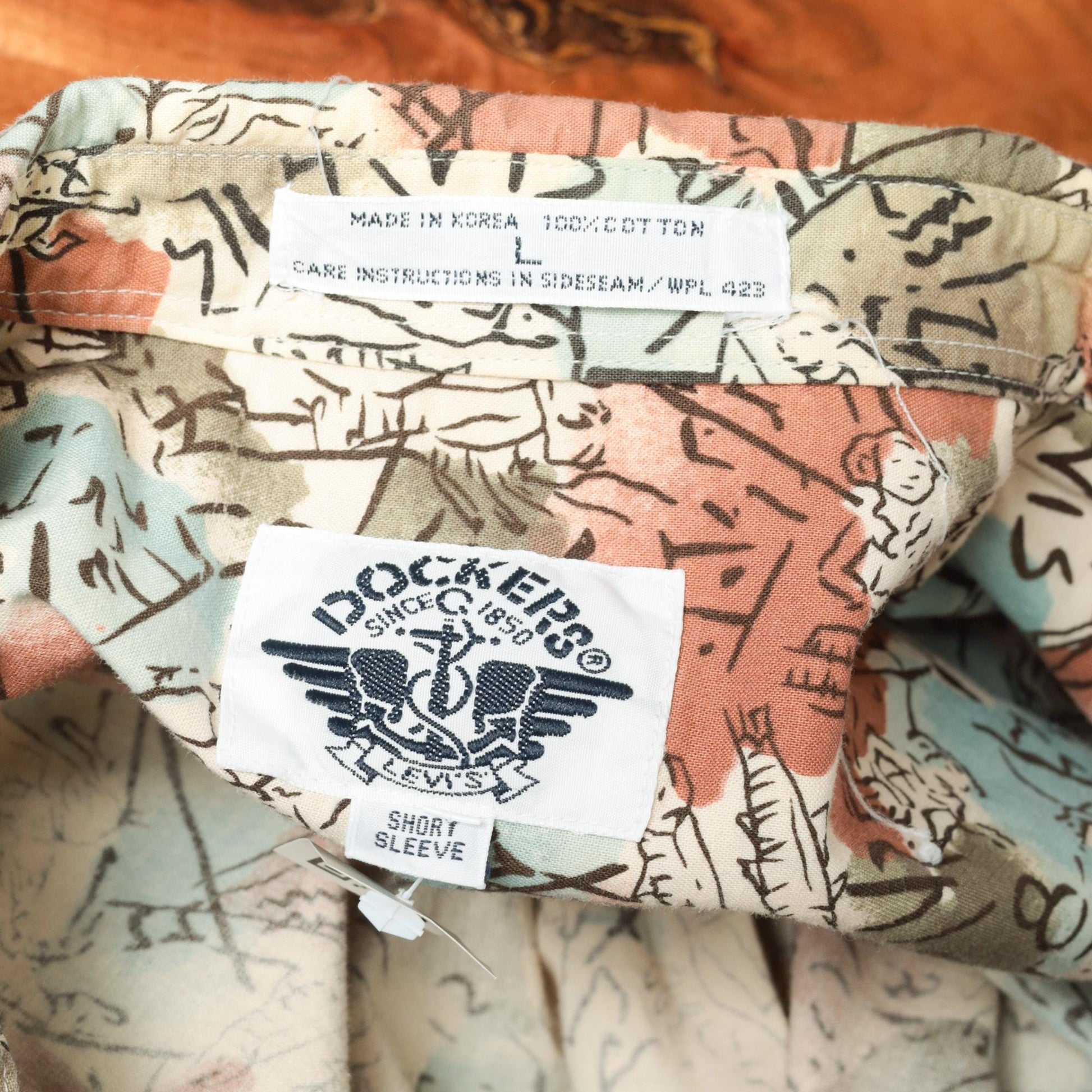 90s Dockers Zodiac Print Button Up Shirt Olive Green Blue Cotton Large L