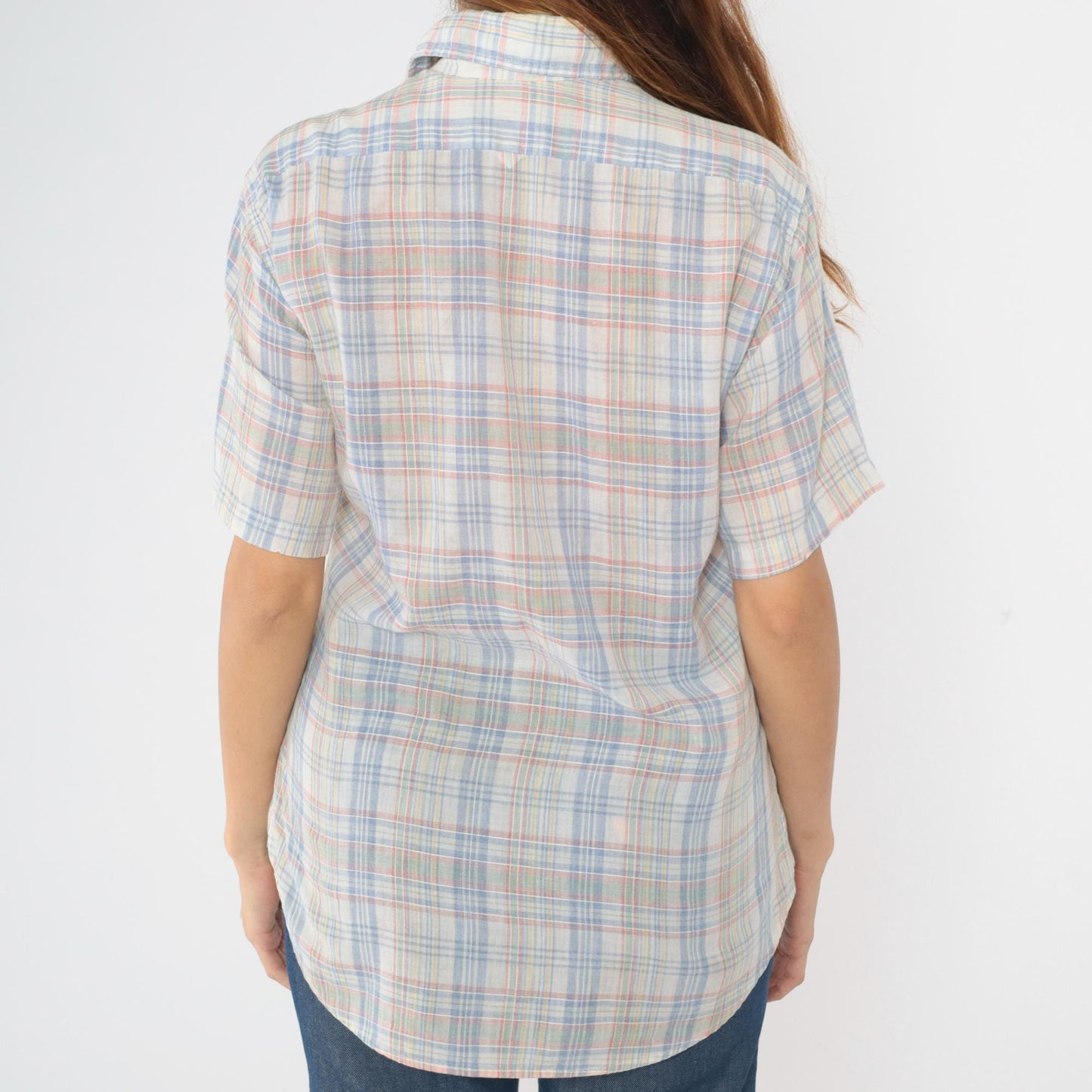 80s Levi's Plaid Button-Up Shirt White Blue Red Checkered Short Sleeve Medium