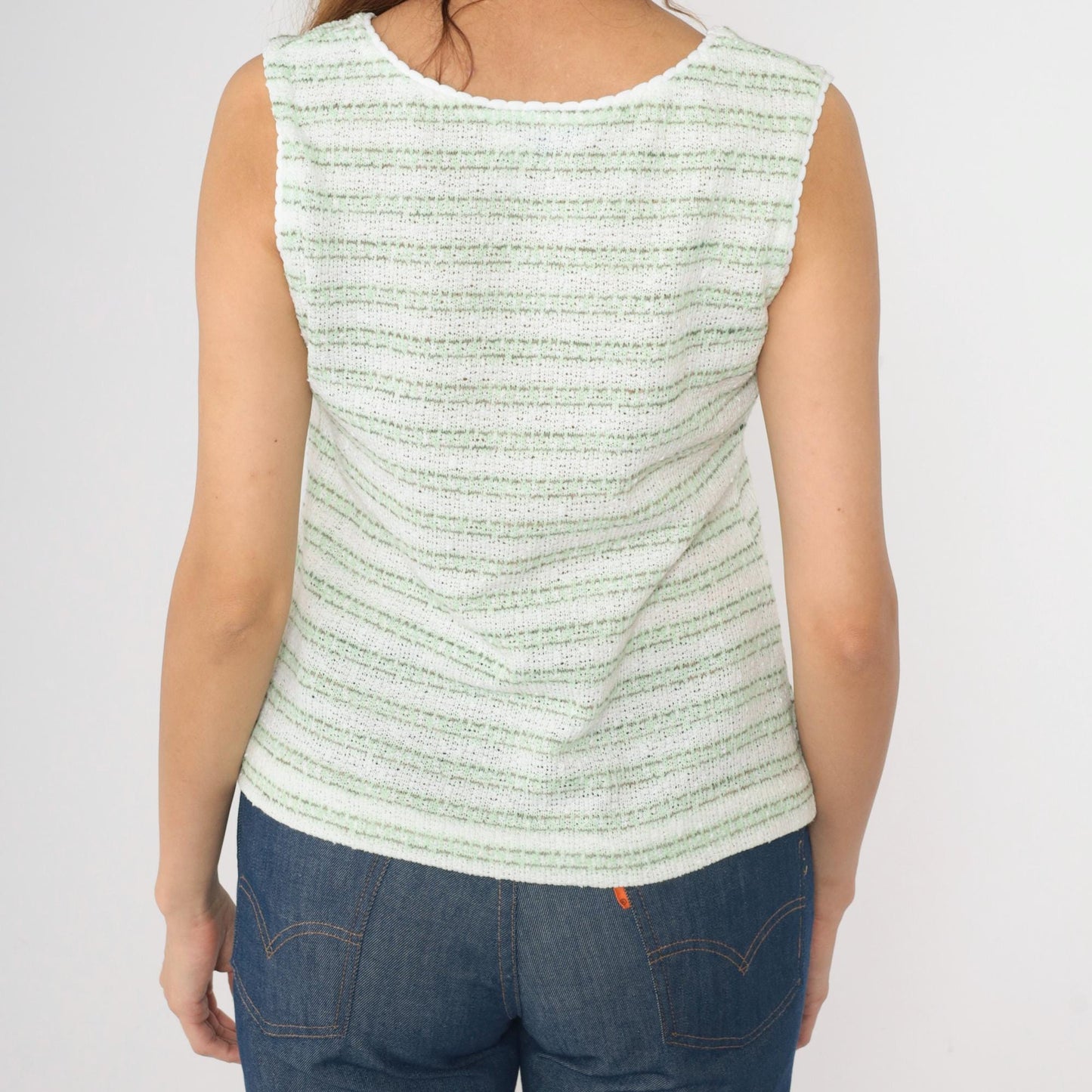 70s Green White Striped Knit Tank Top Scoop Neck Small Medium