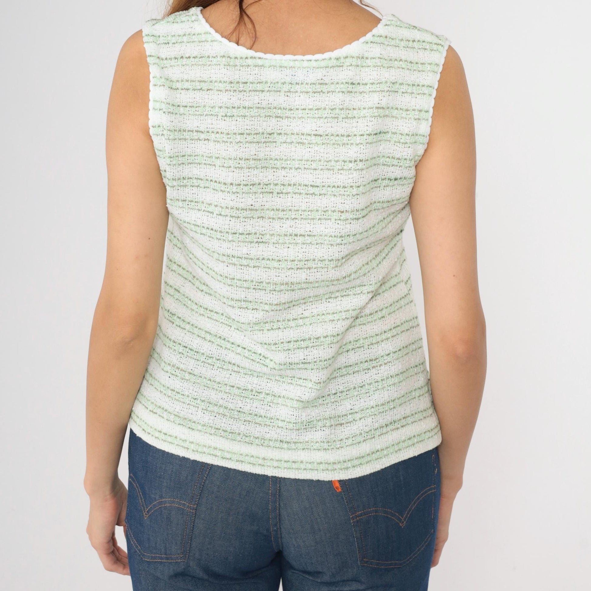70s Green White Striped Knit Tank Top Scoop Neck Small Medium