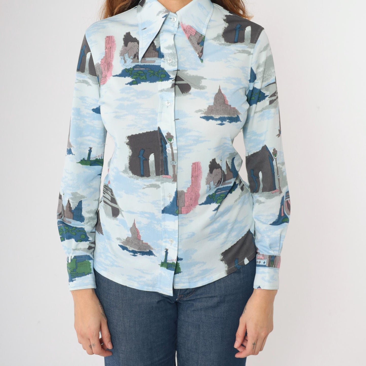 70s Loubella Parisian Print Blouse Blue Button Up Eiffel Tower Medium