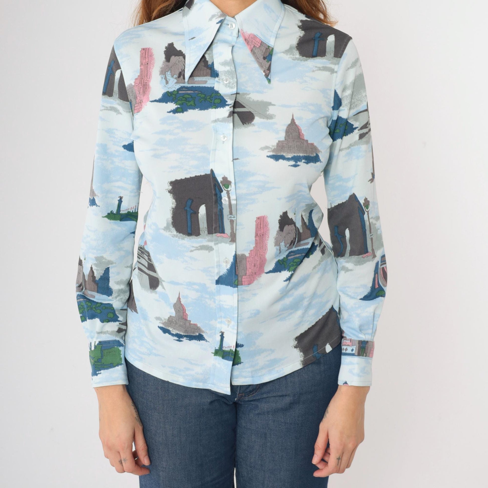 70s Loubella Parisian Print Blouse Blue Button Up Eiffel Tower Medium