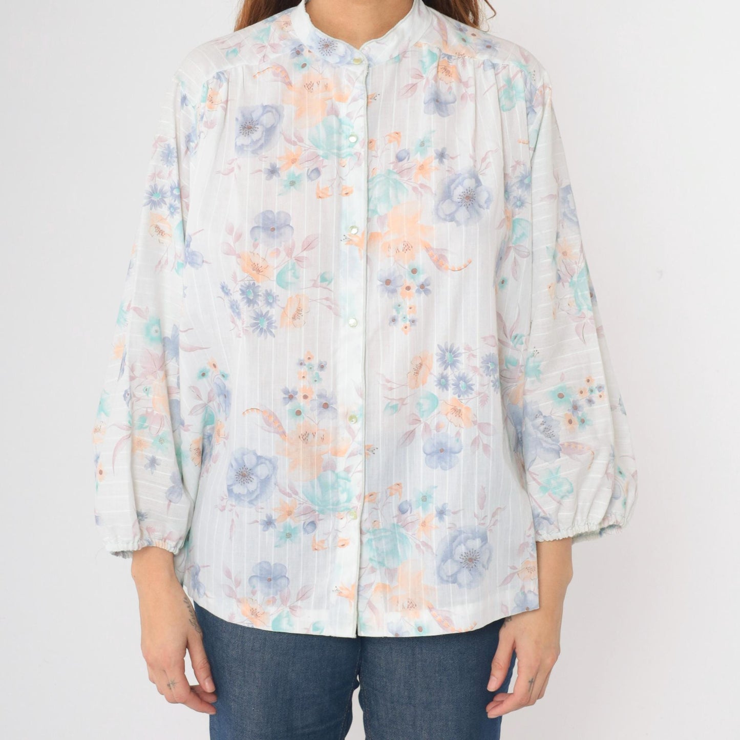 70s Pastel Floral Mandarin Collar Blouse Batwing Sleeve Button Up Large L