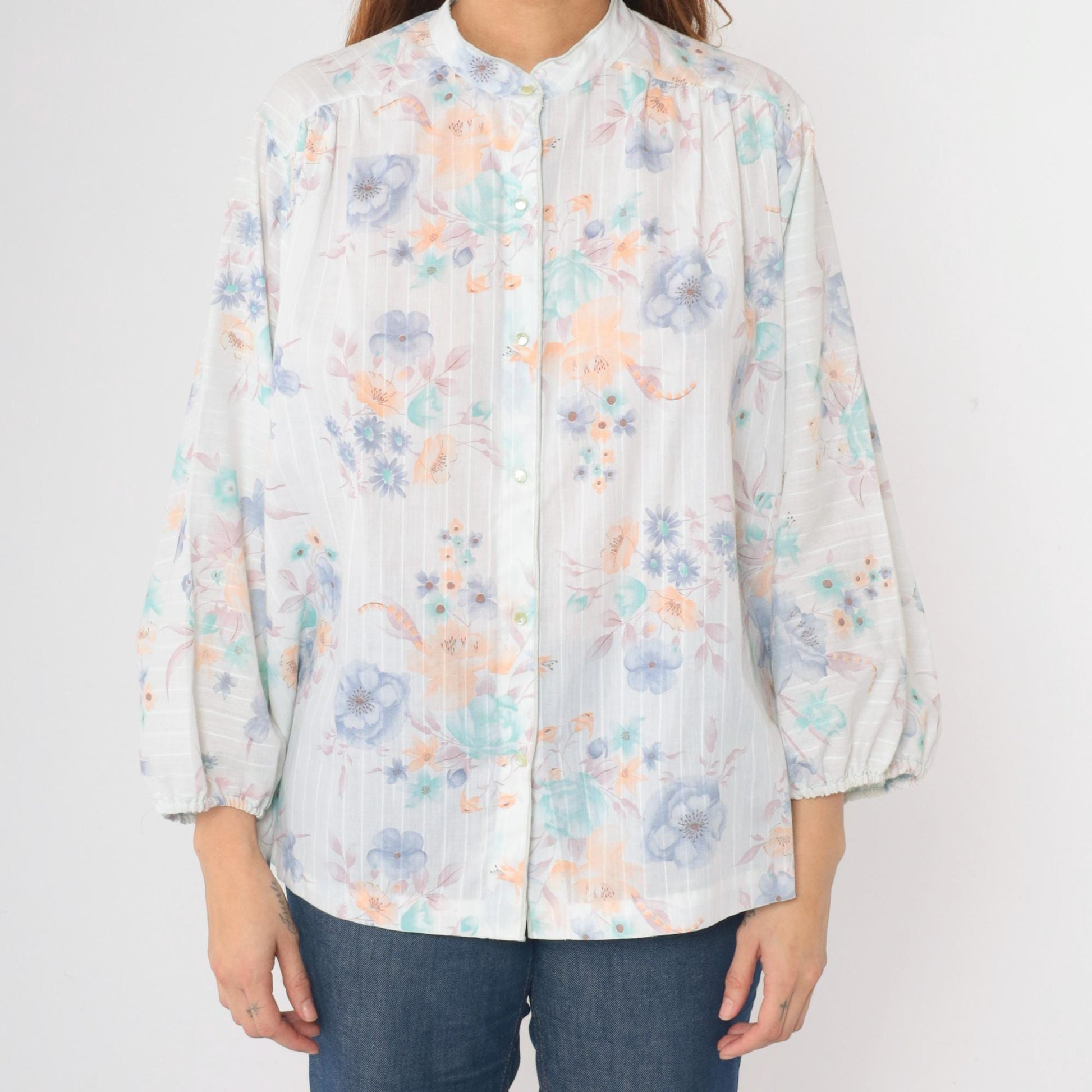 70s Pastel Floral Mandarin Collar Blouse Batwing Sleeve Button Up Large L