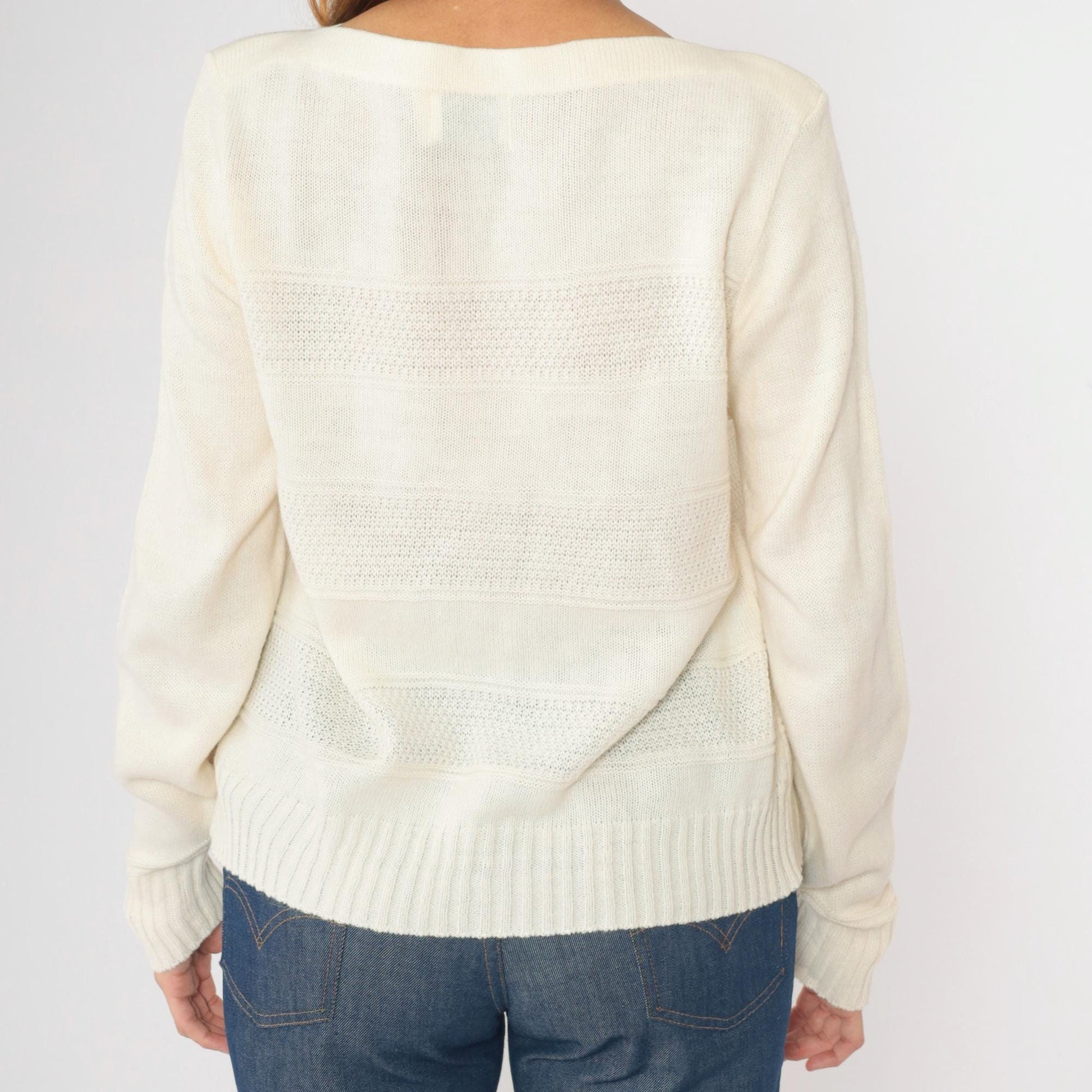 80s Izod Lacoste Boatneck Sweater Cream Knit Crocodile Logo Medium