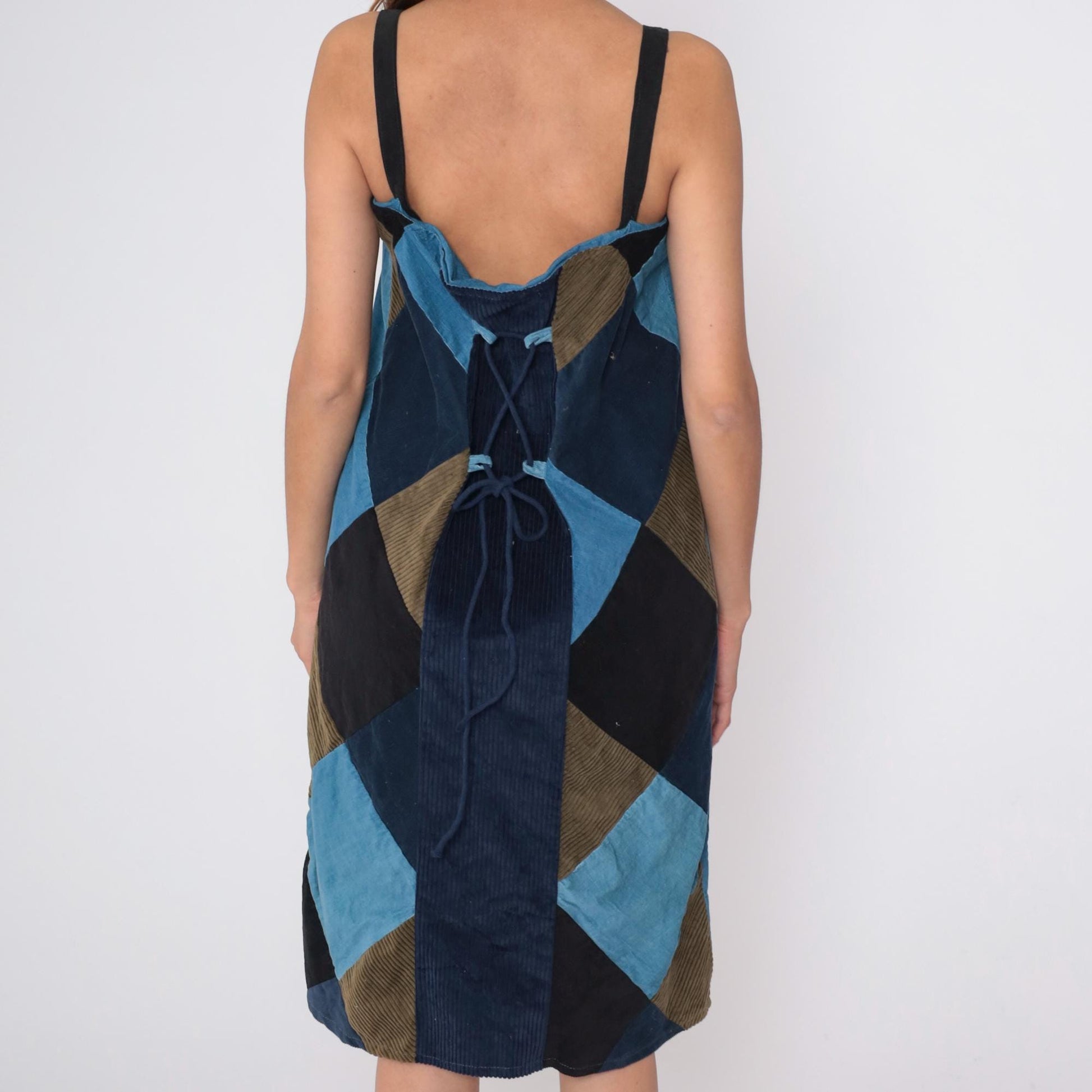 90s Blue Patchwork Corduroy Midi Dress Sleeveless Lace-Up Back Medium