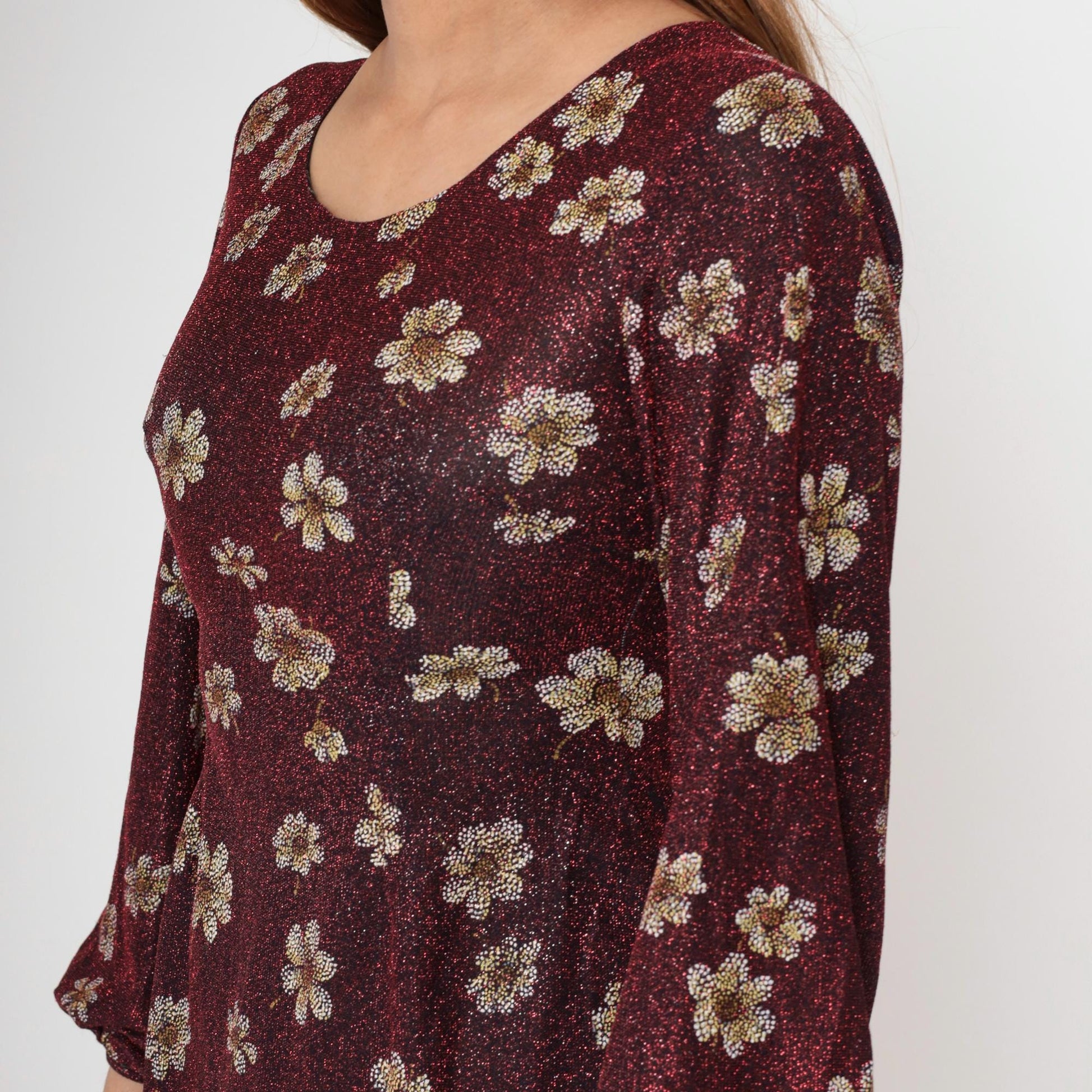 90s Metallic Floral Red Mini Dress High Slit Balloon Sleeve Extra Small
