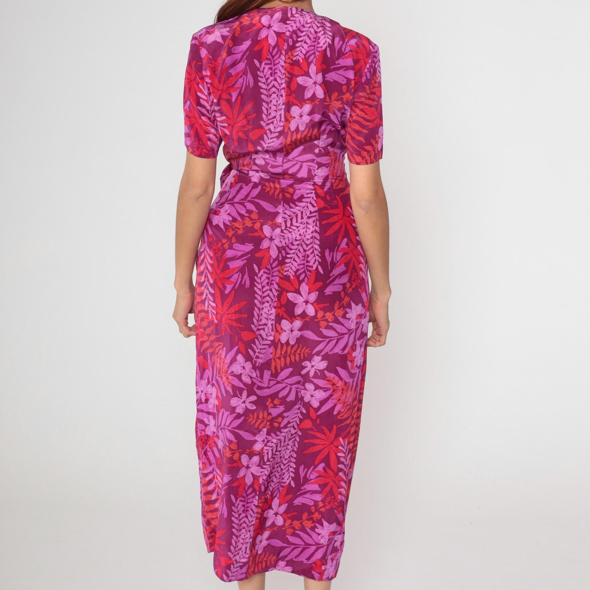Y2K Adrianna Papell Silk Wrap Dress Purple Red Floral Midi Small 6